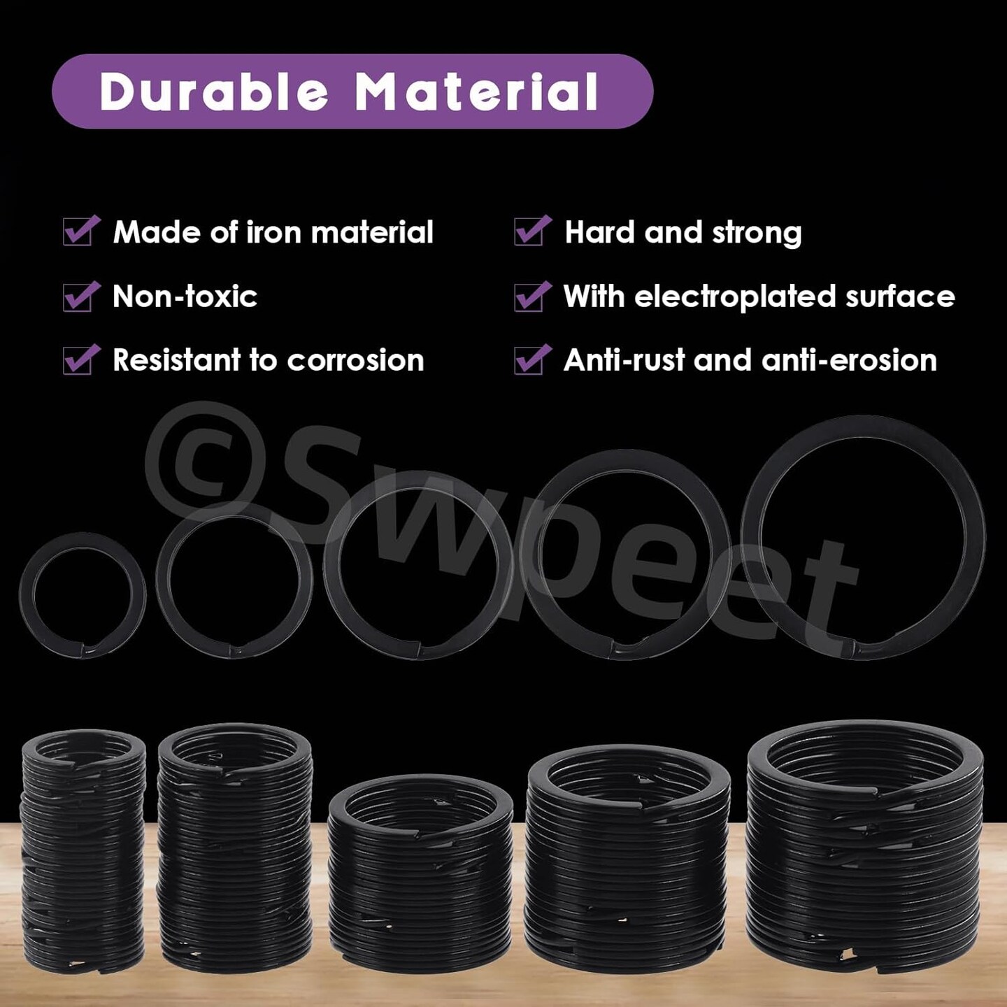 60-Piece Black Assorted Metal Keychain Rings – Multi-Purpose Split Keyrings (20mm, 25mm, 30mm, 35mm, 38mm) for Home, Car Keys, Pendants, and Attachments