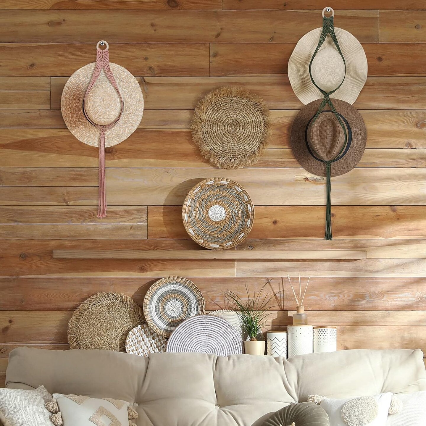 5 Pcs Macrame Hat Hangers for Wall Cowboy Hat Holders Boho Wall Mount Hanging Rack Display Hand Weaving for home storage Western Decoration, 3 Sizes and Colors