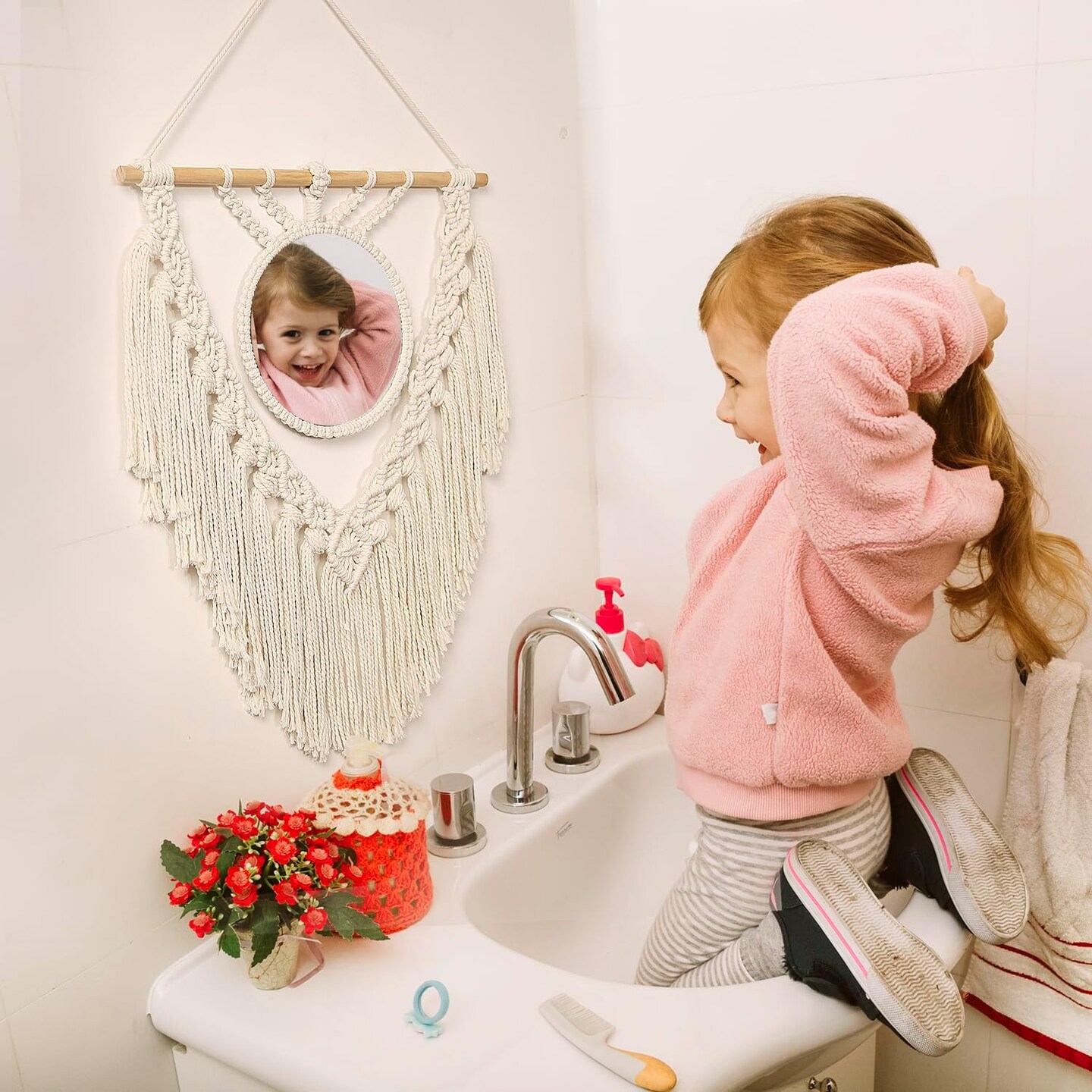 Boho Round Macramé Wall Mirror – Circle Hanging Mirror for Bedroom, Living Room, Apartment, Entryway, Vanity, or Over-Sink Décor