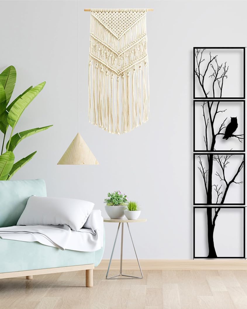 Macrame Wall Hanging Art Woven Boho Home decor, Yarn Tapestry Wall Decor for Bedroom, Nursery, Apartment, Dorm Decoration 16" W x 33" L