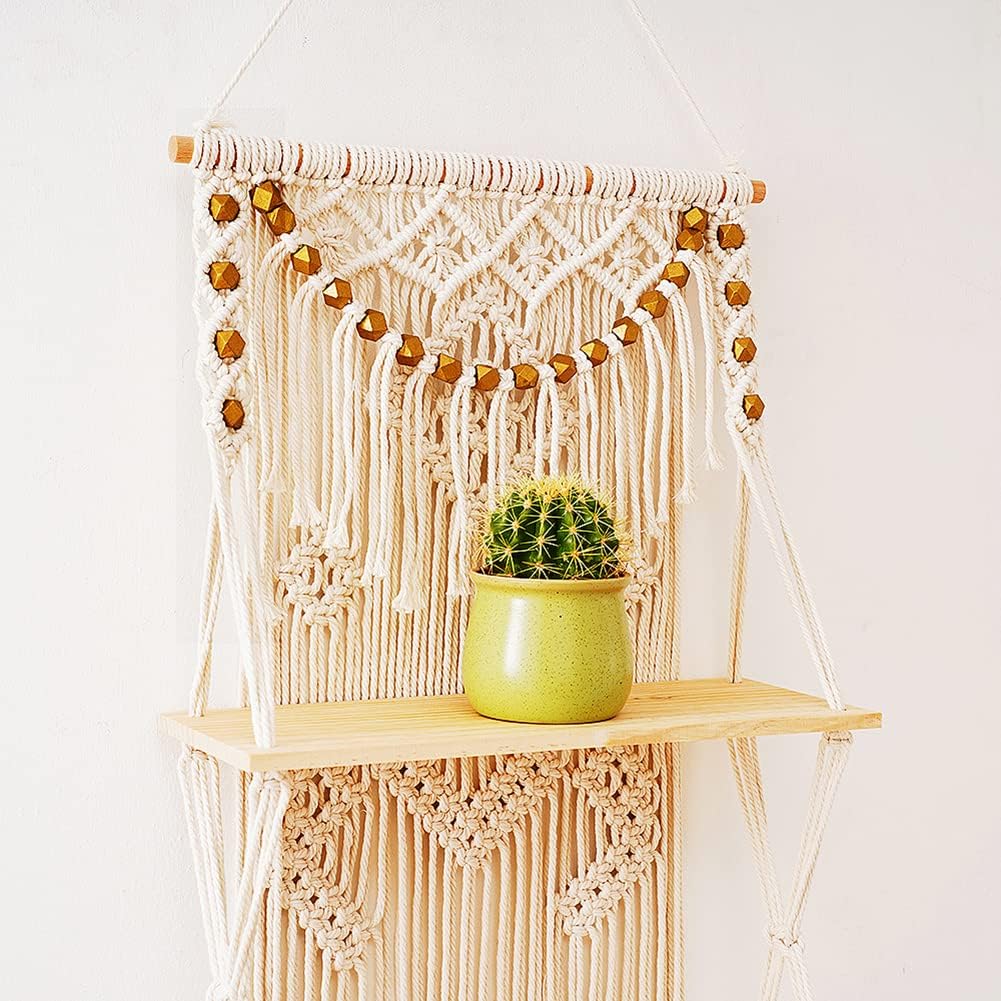 Macrame Wall Hanging Shelf with Enhanced Solid Wood Shelves and Handmade Macrame to Organize Plants and Decor &#x2014; 3 Tier Macrame Shelf Wall Hanging Bohemian Decorative Shelves for Kitchen,Home Storage