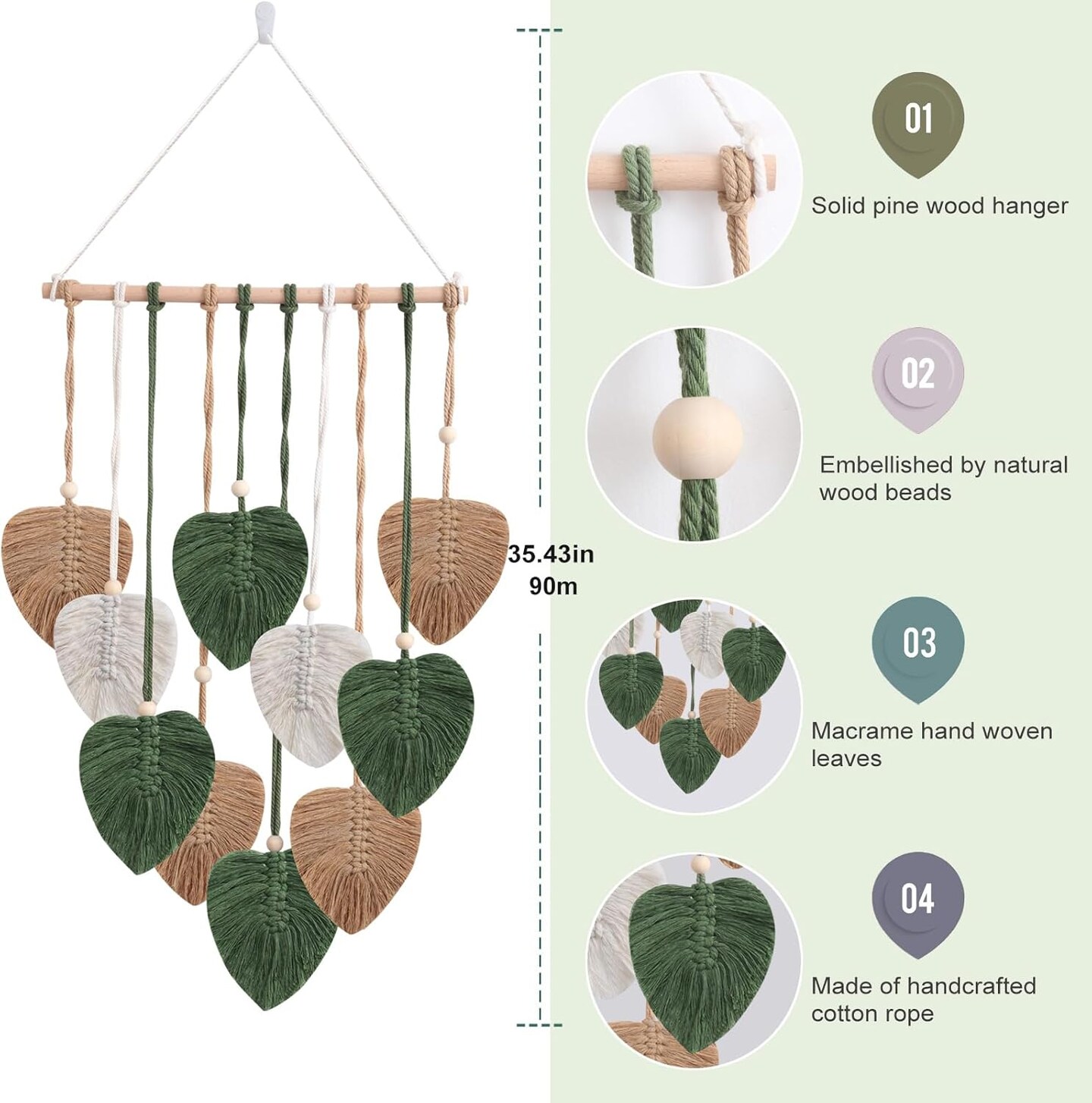 Wall Hanging Decor Leaves Tapestry, Boho Macrame Wall Hanging Tapestry Woven Feather Handmade Yarn Tassels Leaf Macrame Wall Art Decorations for Living, Bedroom, Office,Nursery,Apartment Room,16x26 Inch(Brown Green)