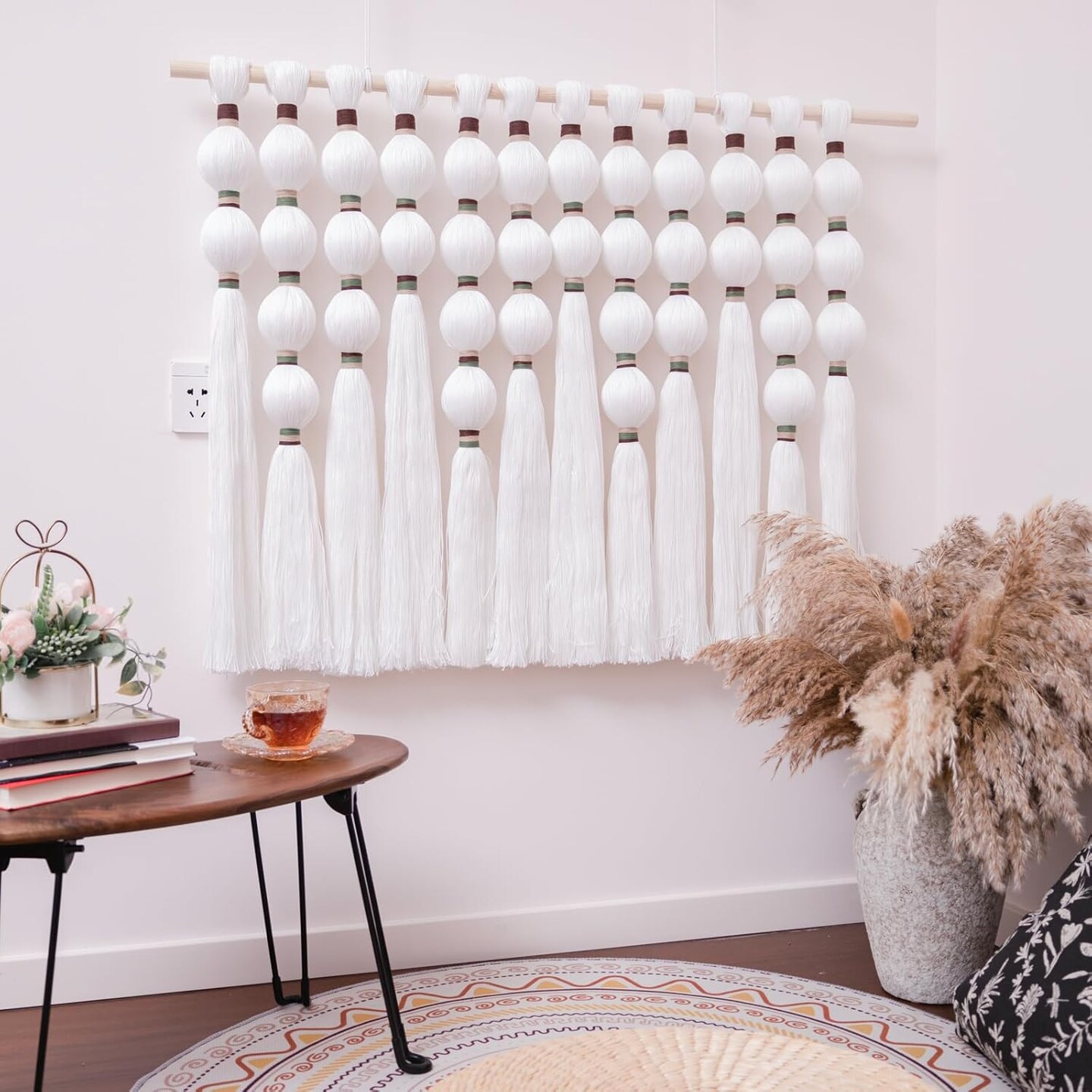 Large Macrame Wall Hanging: Extra Large Macrame Wall Decor, Boho Sphericity Fibre Yarn Art, Handmade Bohemian Woven Tapestry for Living Room Bedroom Wedding, 39&#x22; W x 30&#x22; L, White