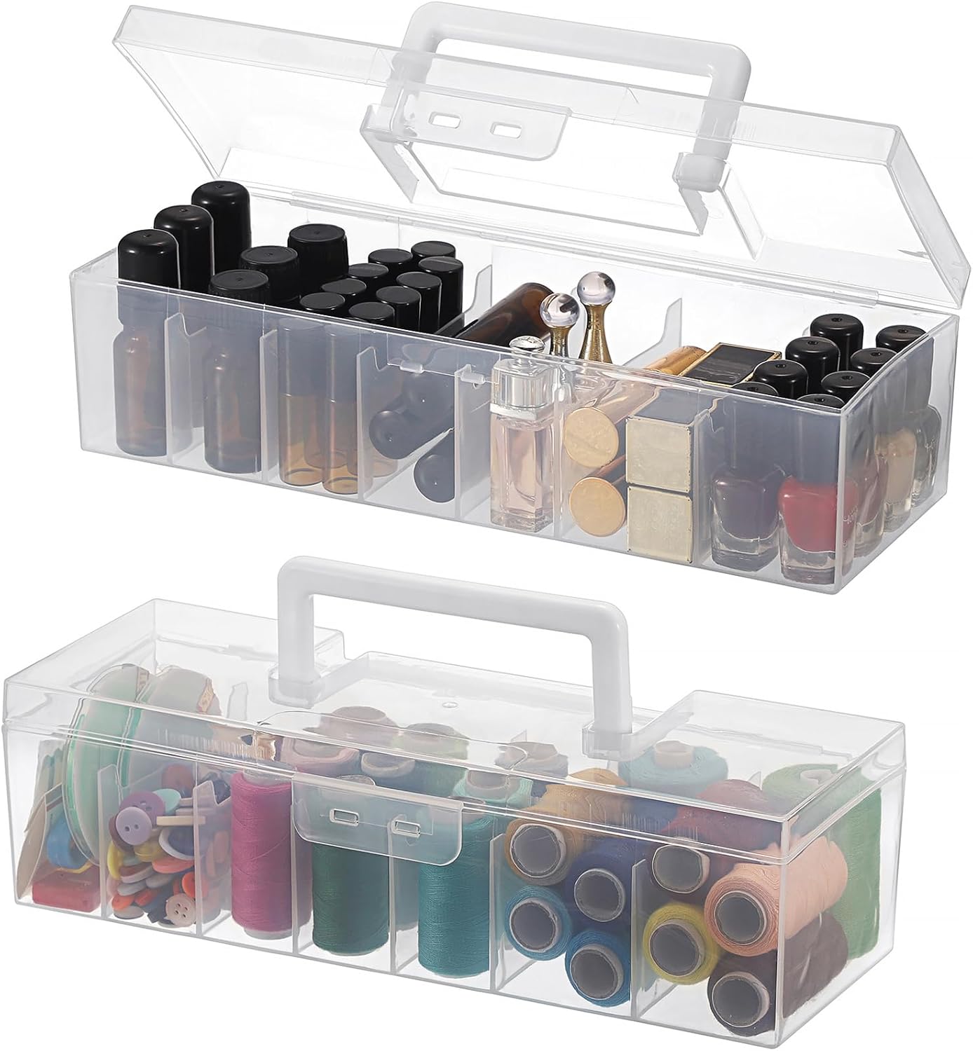 Pack of 2 Clear Plastic Storage Bin with Lid and Handle, Portable Storage Box with 7 Compartments, Semi-Transparent Organizer Box for Embroidery and Sewing Threads, Crafts, Fly Tying Chenille
