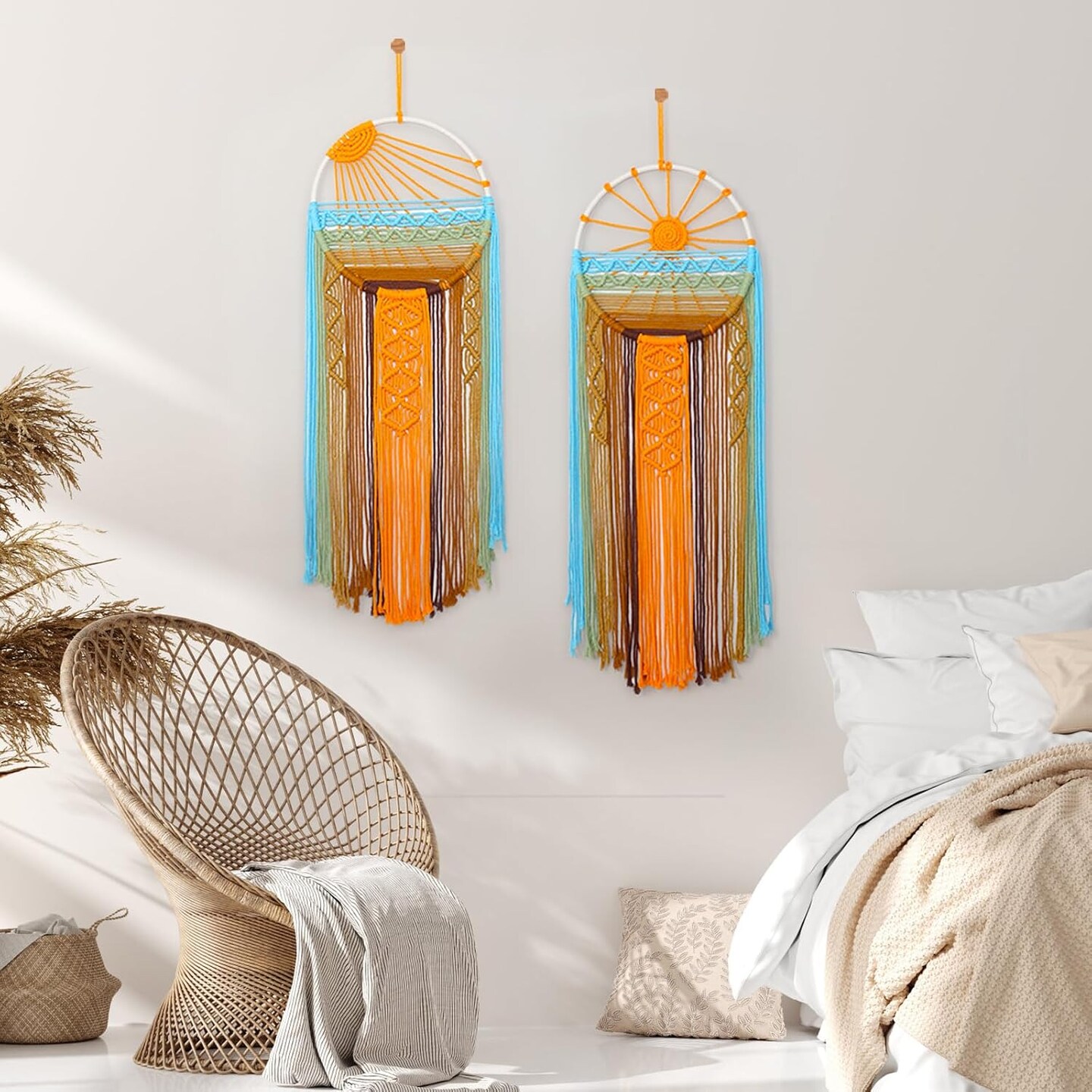 Macrame Wall Hanging Decor Boho Woven Tapestry Sunrise Dream Catcher with Colorful Tassel Sun Macrame Tapestries Wall Art Decor for Bedroom Nursery Living Room