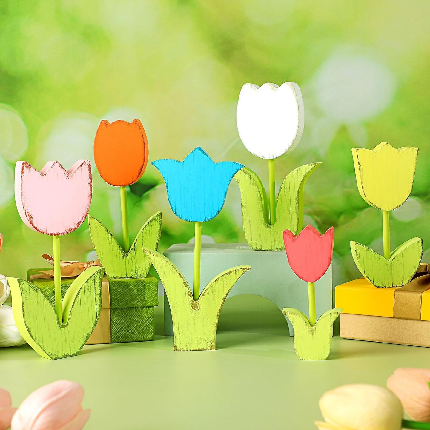 6 Pcs Retro Spring Tulips Wood Signs Rustic Farmhouse Tulip Table Centerpiece Multicolor Floral Block Tabletop Signs Spring Decoration