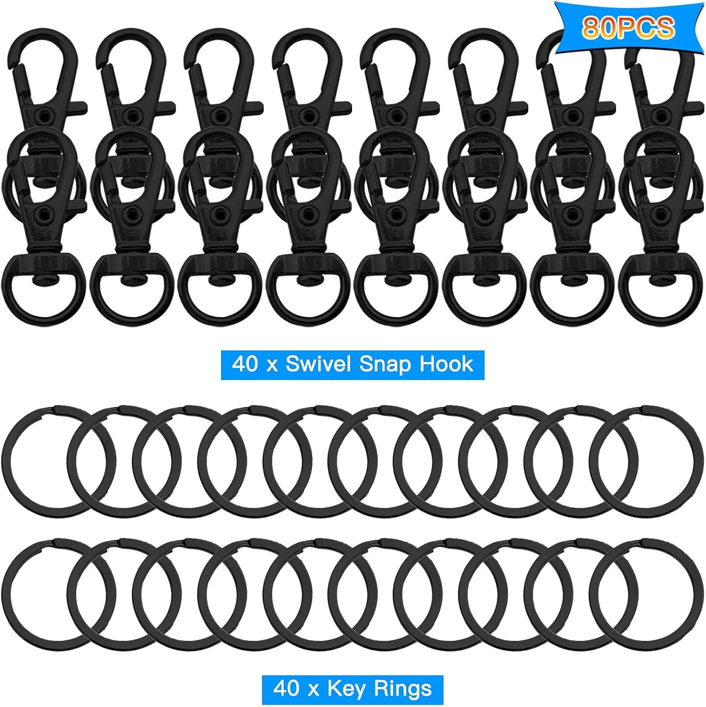 80pcs Swivel Snap Hooks and Key Rings Set, Black Swivel Clasps Lanyard Lobster Claw Clasps Metal Hooks Key Chain for Keychain/Crafts/DIY Jewelry Making/Purse and Crafting