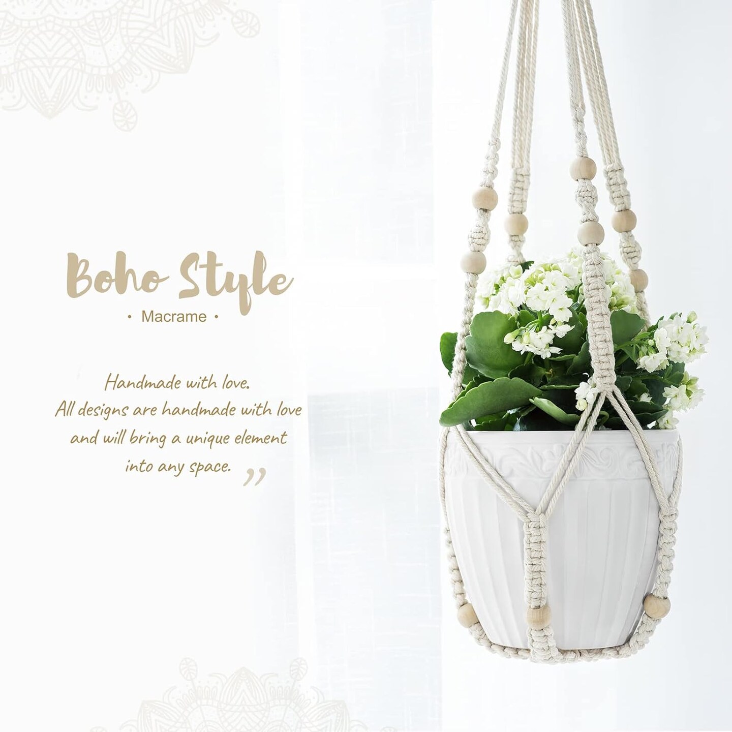 Macrame Plant Hanger Indoor Hanging Planter Basket with Wood Beads Decorative Flower Pot Holder No Tassels for Indoor Outdoor Boho Home Decor 35 Inch, Ivory, Set of 1 (POTS NOT Included)