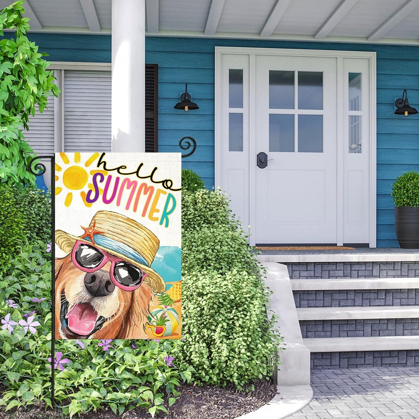Hello Summer Garden Flags for Outside, Dog with Sunglass Beach Sun Hat Yard Decoration, Small Seasonal Outdoor Decor