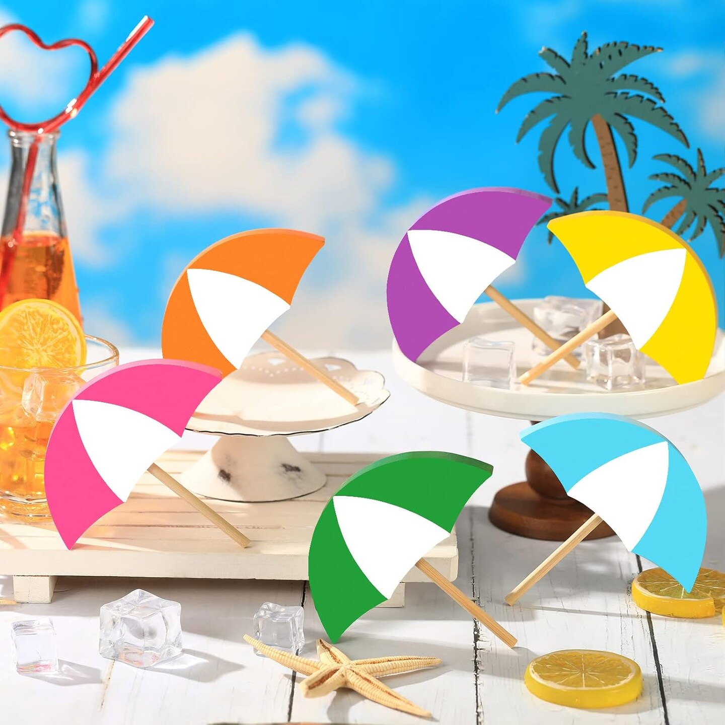 6 Pcs Summer Wooden Decor Colorful Umbrella Table Centerpieces Tiered Tray Decor Set Wooden Sun Shade Parasol Block Signs