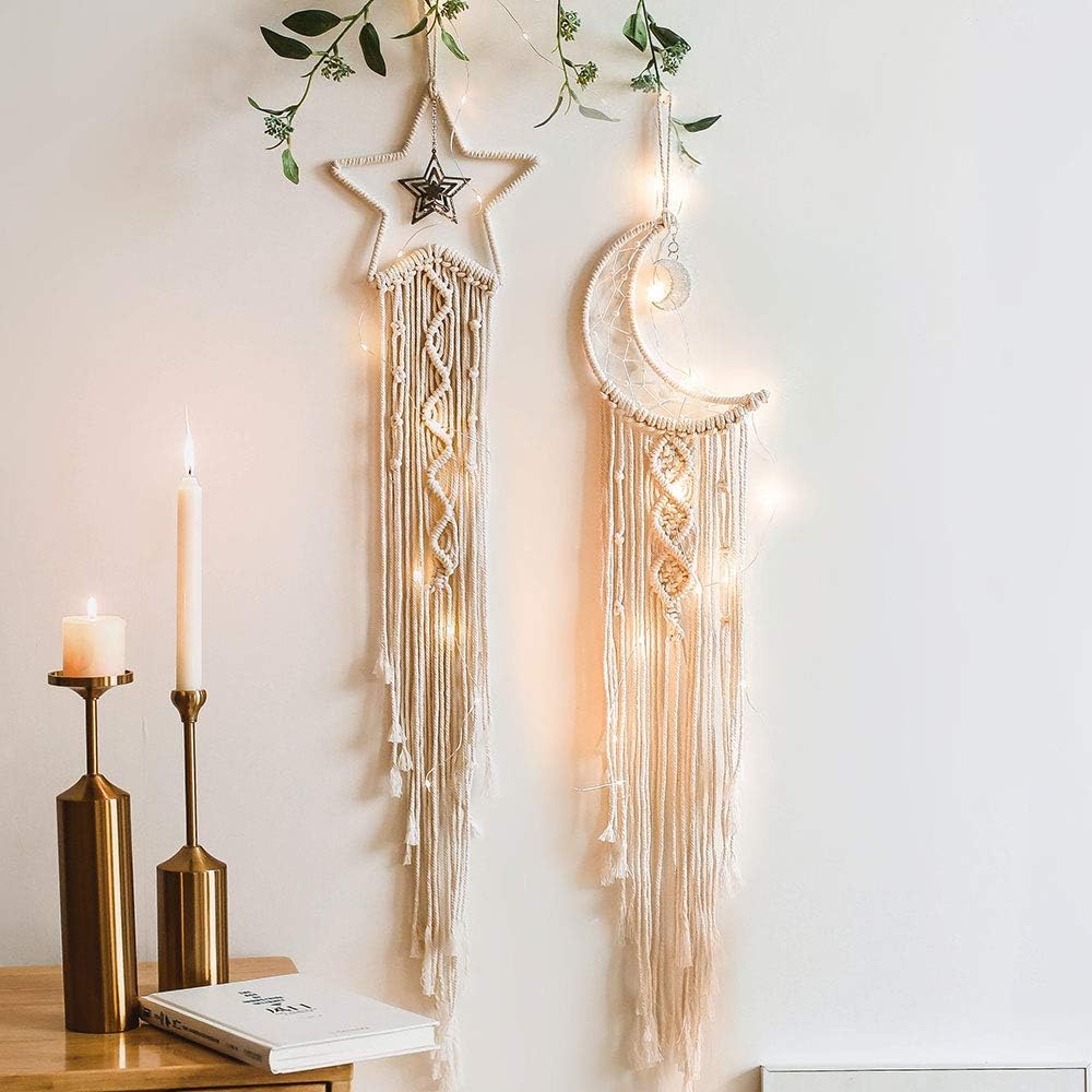 Boho Macrame Woven Wall Hanging Dream Catcher, Crochet Crescent Moon Star Dream Catcher Set with Long Tassel-Cotton Cord Handmade Bohemian Home Ornament Decoration Art Craft Gift for Kids Bedroom