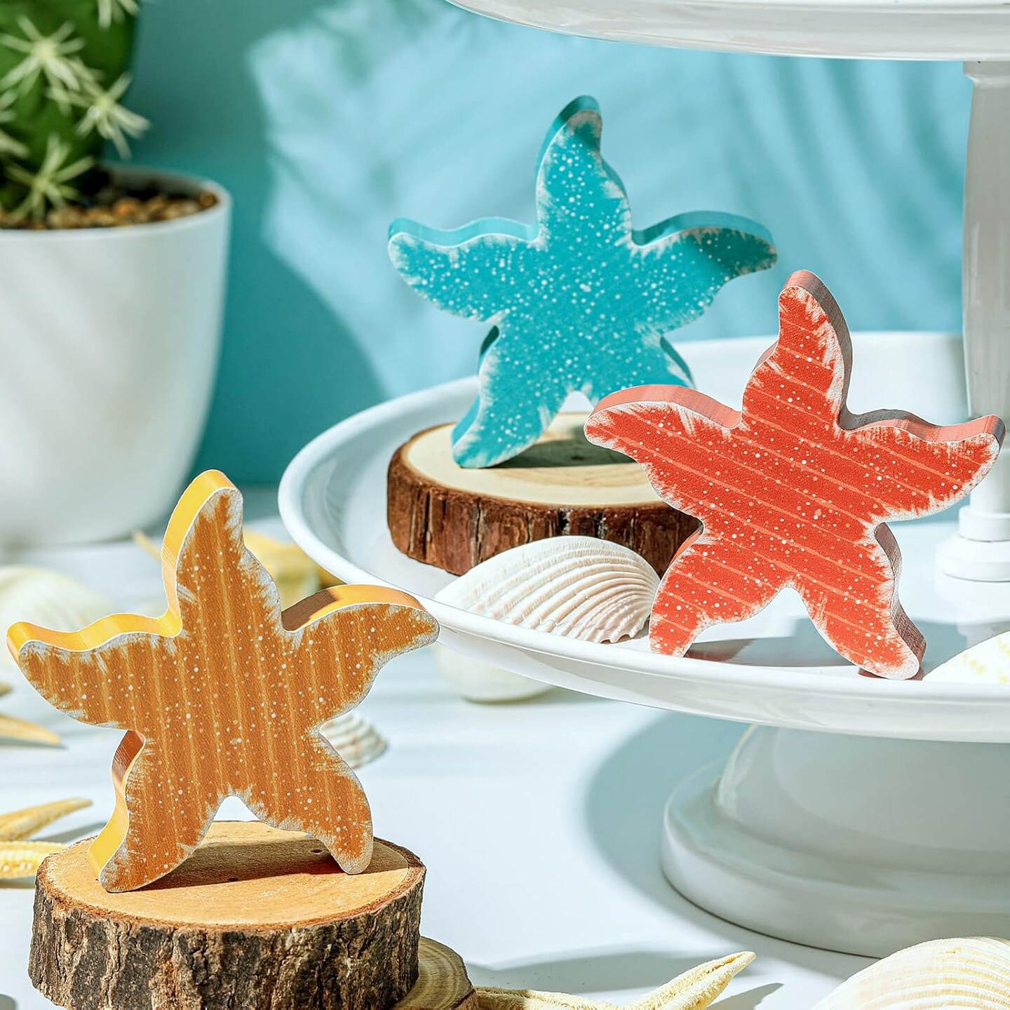3 Pcs Ocean Beach Tabletop Decor Items Mini Summer Wooden Sign Set Farmhouse Rustic Wood Decorative Nautical Baby Shower Decorations for Home Office Bedroom Table Shelf Desk (Starfish)