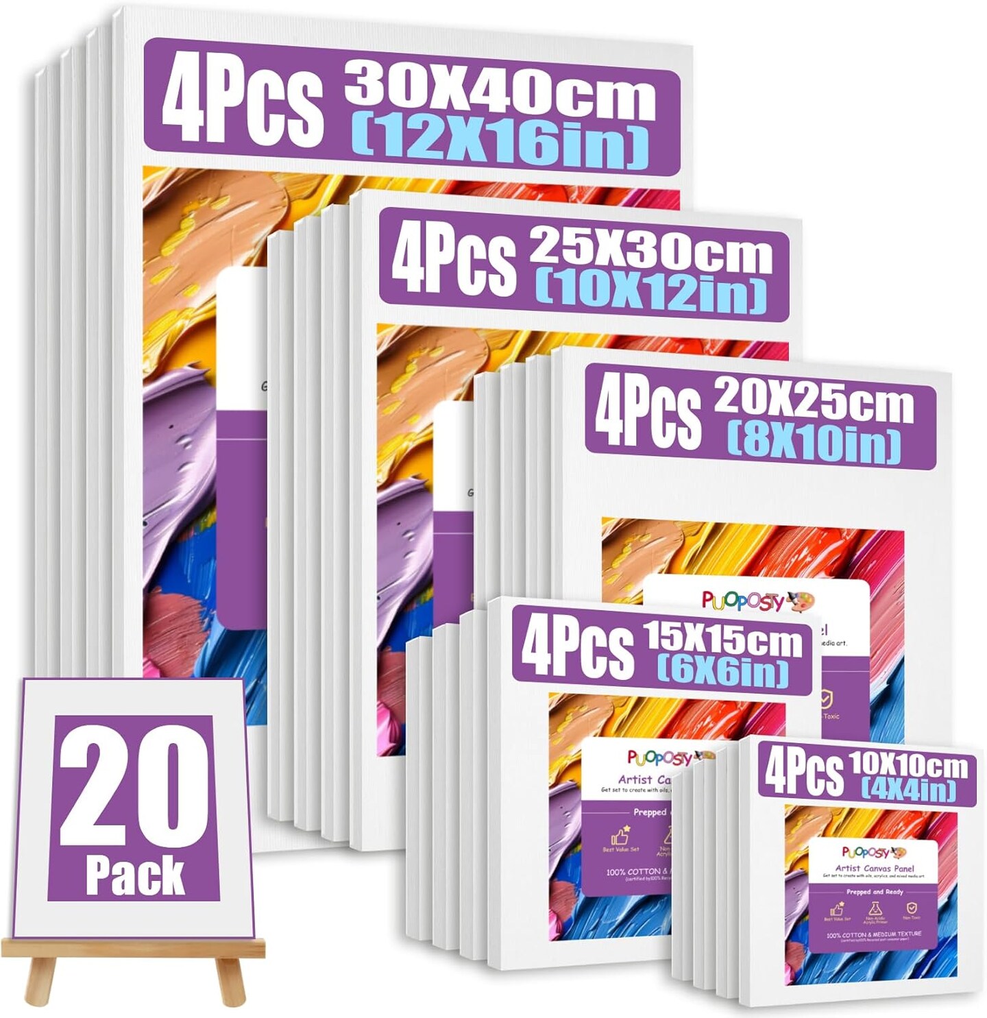 20 Value Pack Stretched Canvas for Painting, Multi-Size (4x4, 6x6, 8x10, 10x12, 12x16in), 100% Cotton Blank Canvase for Oil Acrylic Watercolor Paint, Acid-Free for Kids & Artists