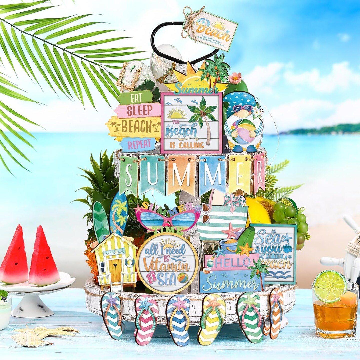 24 Pcs Summer Hawaii Tiered Tray Decor Pool Summer Rustic Beachy Decor Rustic Wooden Sunshine Summer Decorations