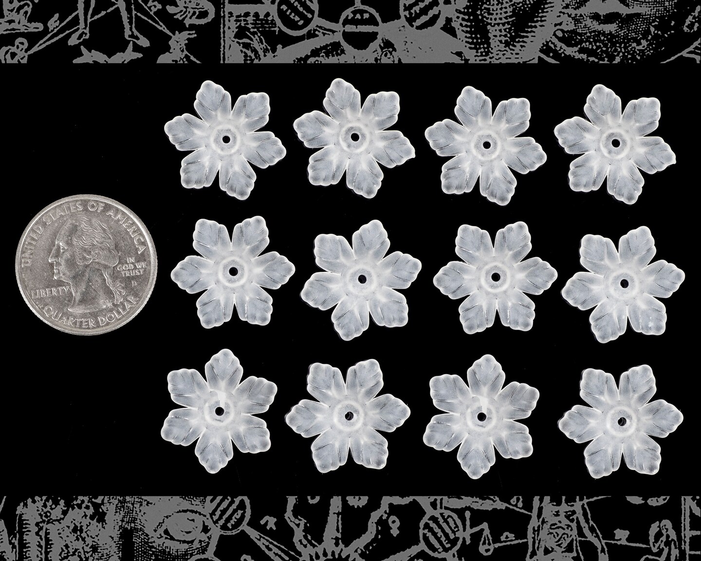 19mm Round Frosted White Resin Flower Caps - Set of Twelve - FW8