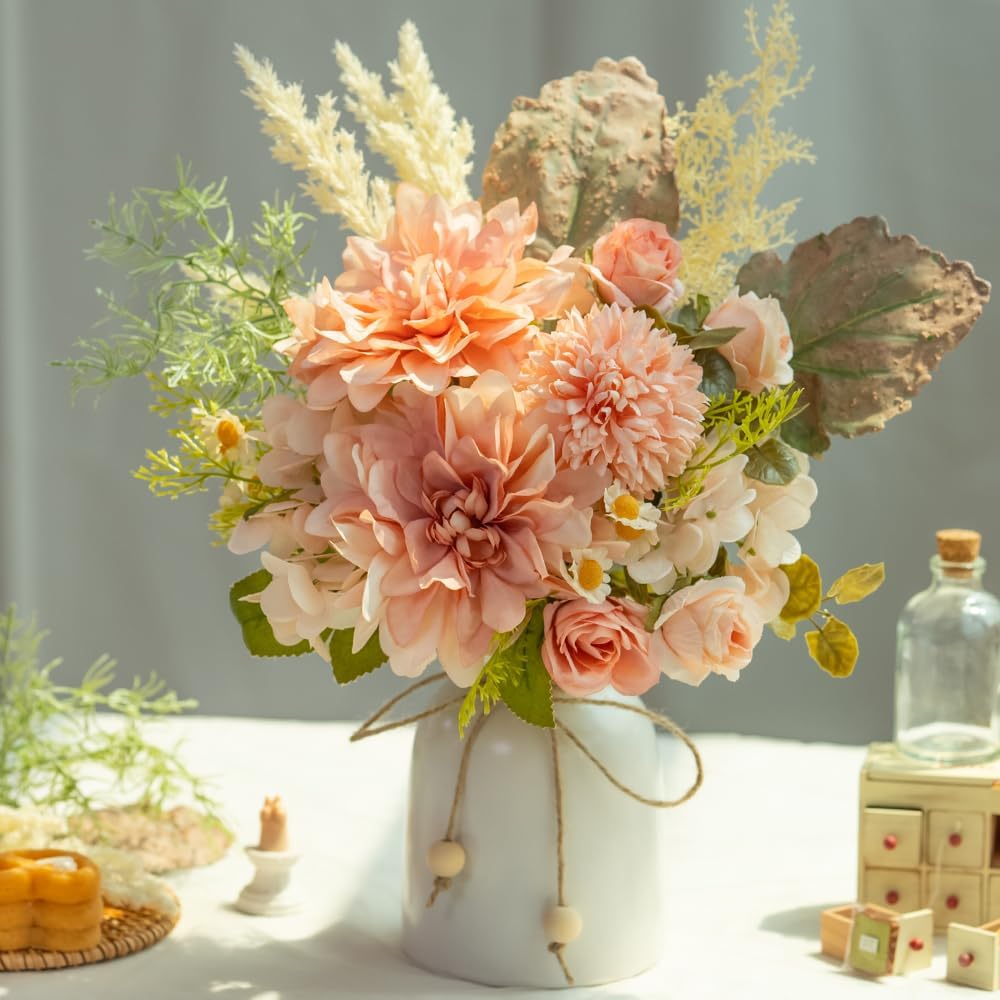Spring Tabletop Decor – Artificial Dahlia & Hydrangea Flower Arrangement with Ceramic Vase, Silk Faux Flowers Centerpiece for Dining Table, Home & Office Decoration (Pink)