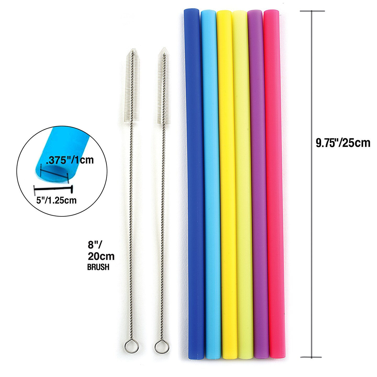 Norpro 9.75-Inch Reusable Jumbo Silicone Straws with Cleaning Brushes, Assorted Colors