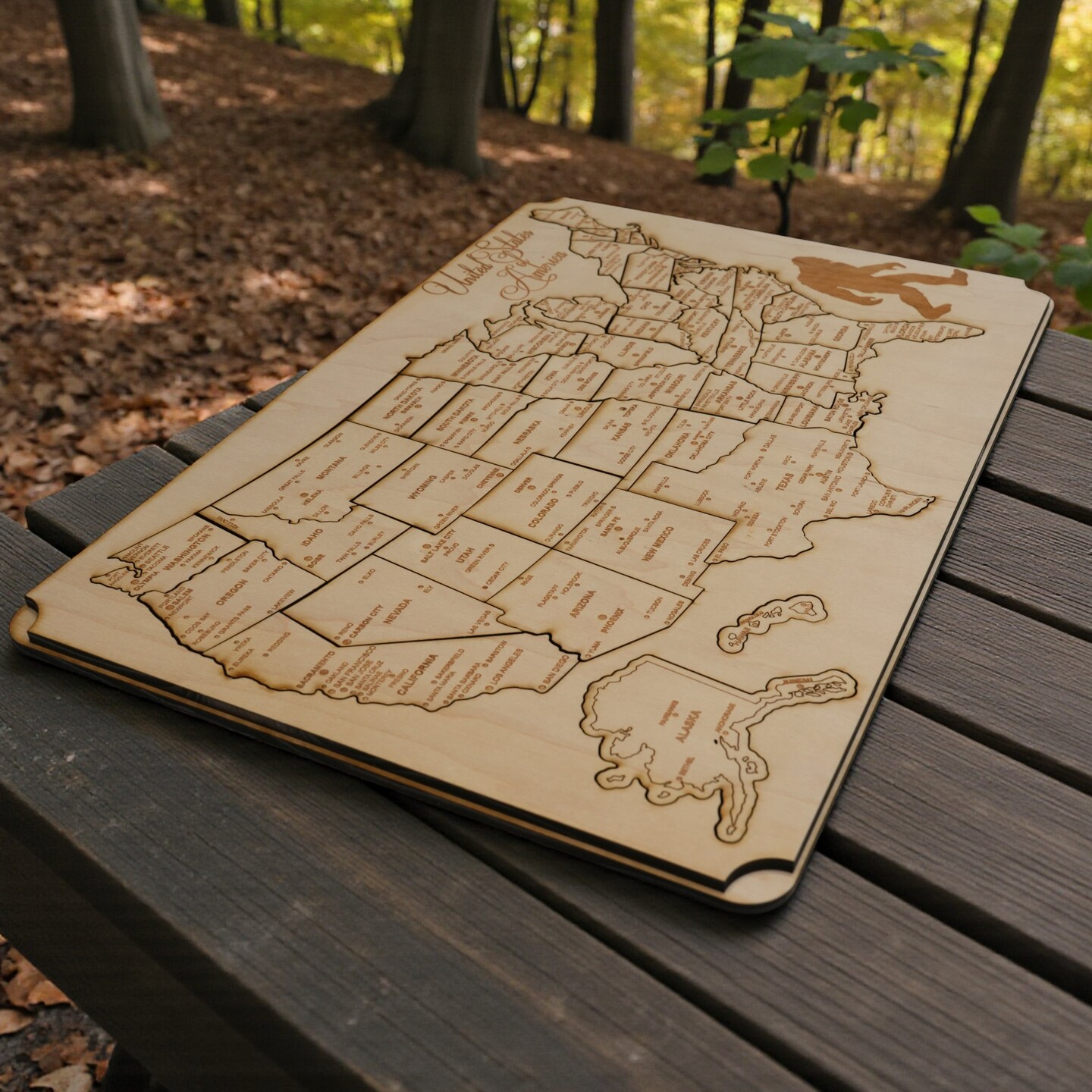 50 State BIGFOOT WITH CITIES American Puzzle Map - Art Kit - Raw Wood 12x18 Inches - 51 Pieces - With Stand