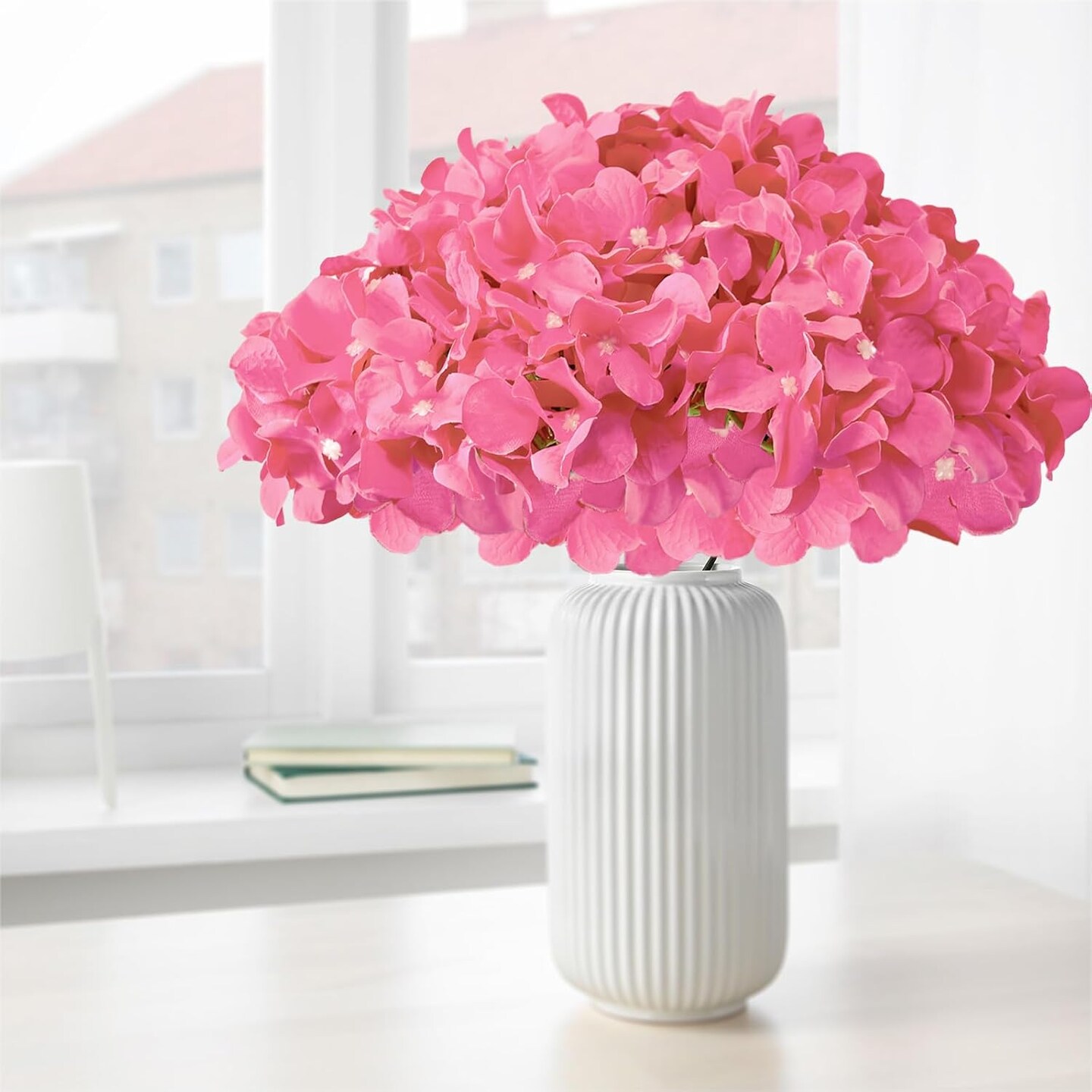 Spring Tabletop Decor – 20PCS Hot Pink Artificial Hydrangea Flowers, Faux Silk Fuchsia Hydrangeas with Stems for Wedding Bouquets, Table Centerpieces & Home Decor