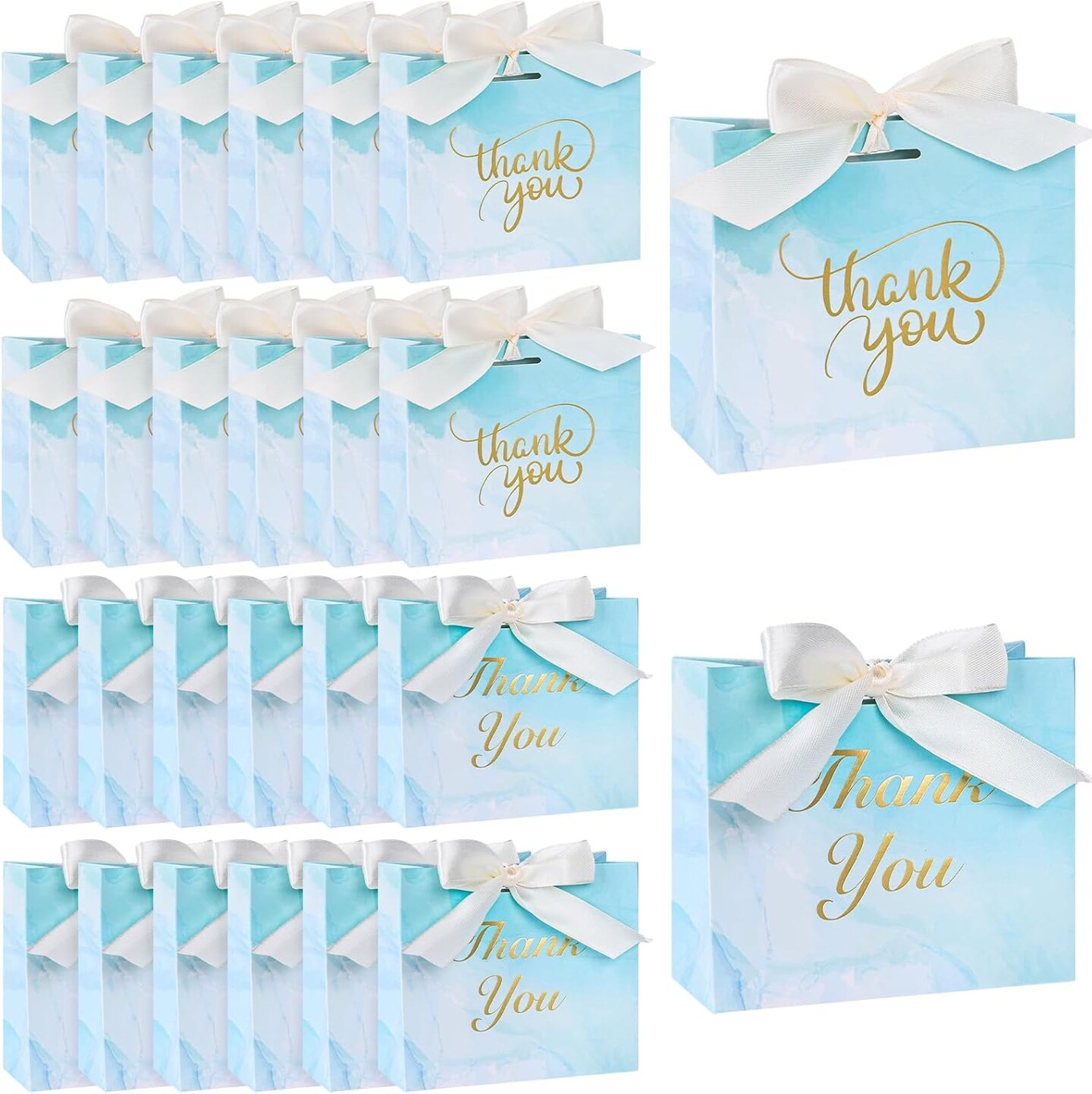 Thank You Gift Bags, Light Blue Bags with Gold Lettering and Bow Ribbon, 24 Pack, for Wedding Bridal Baby Shower Birthday