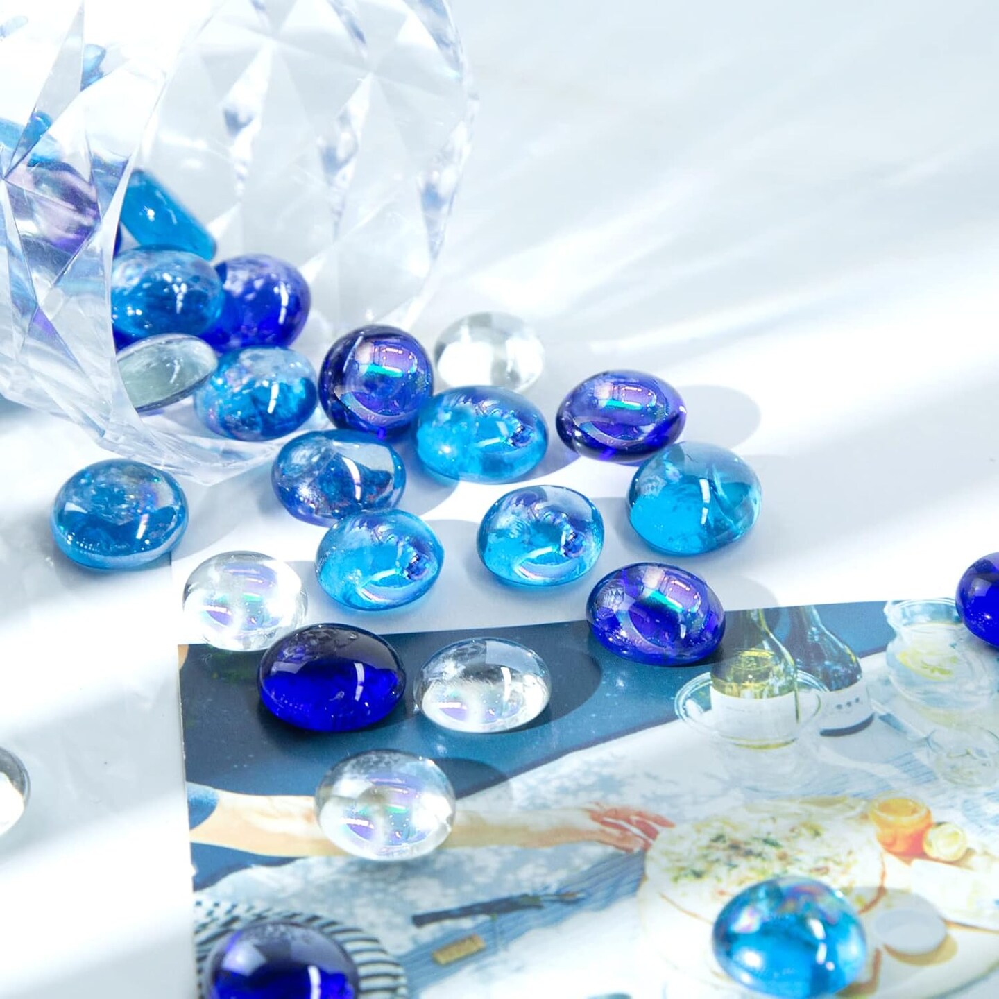 65PCS Iridescent Blue Flat Marbles, Decorative Glass Pebbles Beads Vase Fillers Decorative Fish Tank Aquarium Rocks for Centerpieces Table Decor