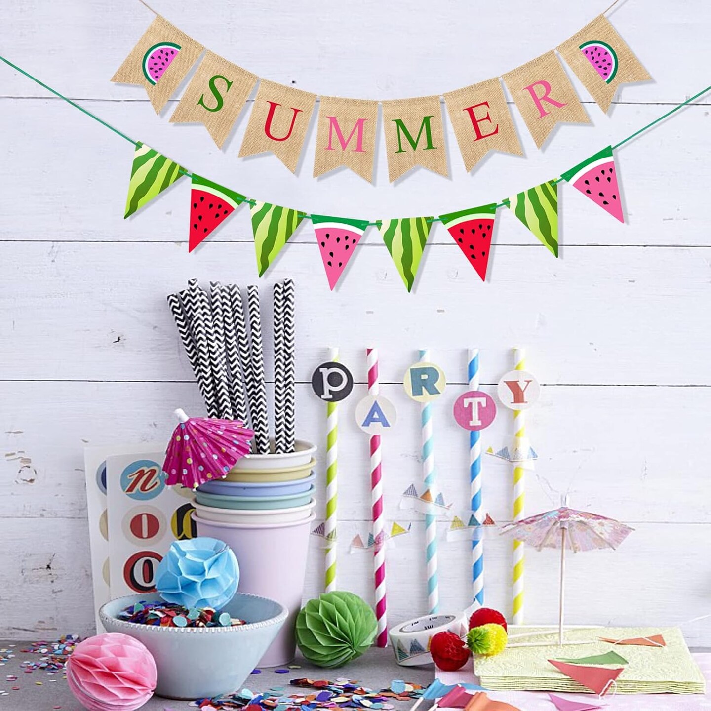 Burlap Summer Banner Watermelon Theme Party Supplies Summer Decorations Garland Watermelon Pennant Flags for Hawaiian Beach Party Photo Backdrop