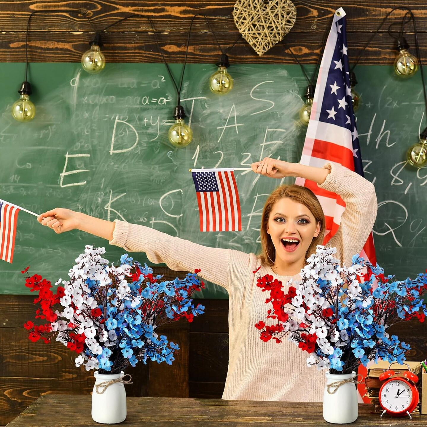 2 Set 4th of July Artificial Flowers Table Decoration Red Blue White