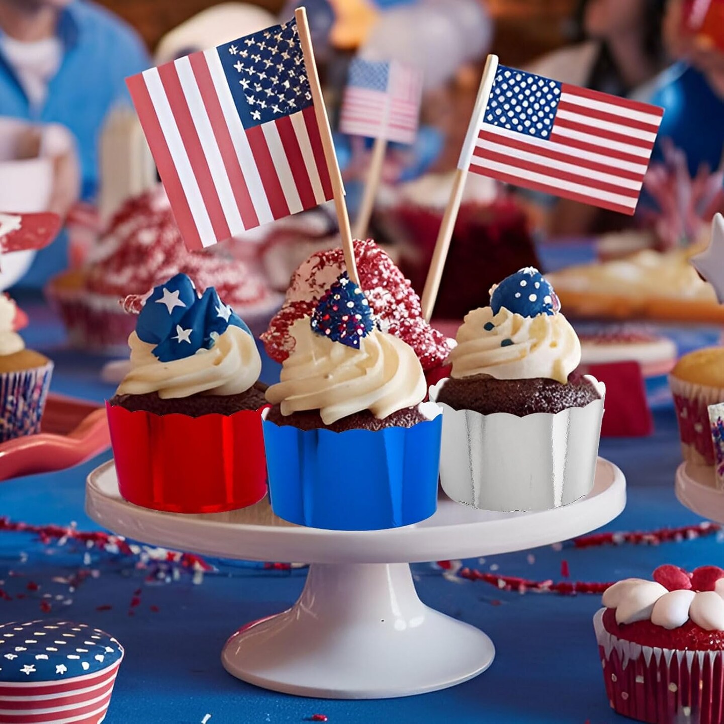 150Pcs Patriotic July 4th Foil Cupcake Liners Red Blue Silver