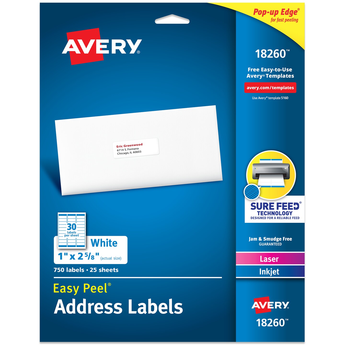 Avery Easy Peel Printable Address Labels with Sure Feed, 1&#x22; x 2-5/8&#x22; Customizable Stickers, White, 750 Blank Mailing Labels, Great for Mailing, Shipping, and More (18260)