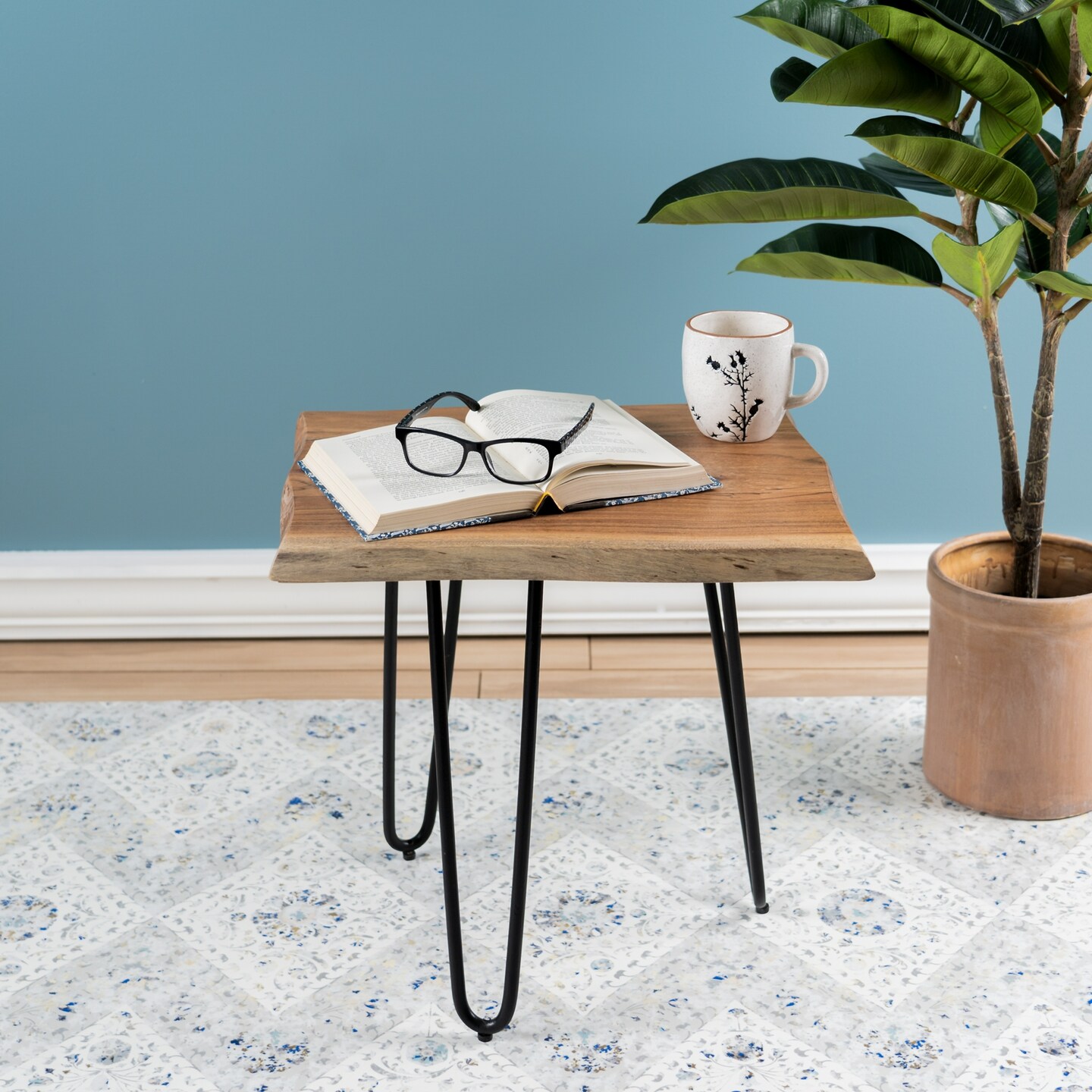 Melrose Wooden Slab Stool with Hairpin Legs - 18&#x22;