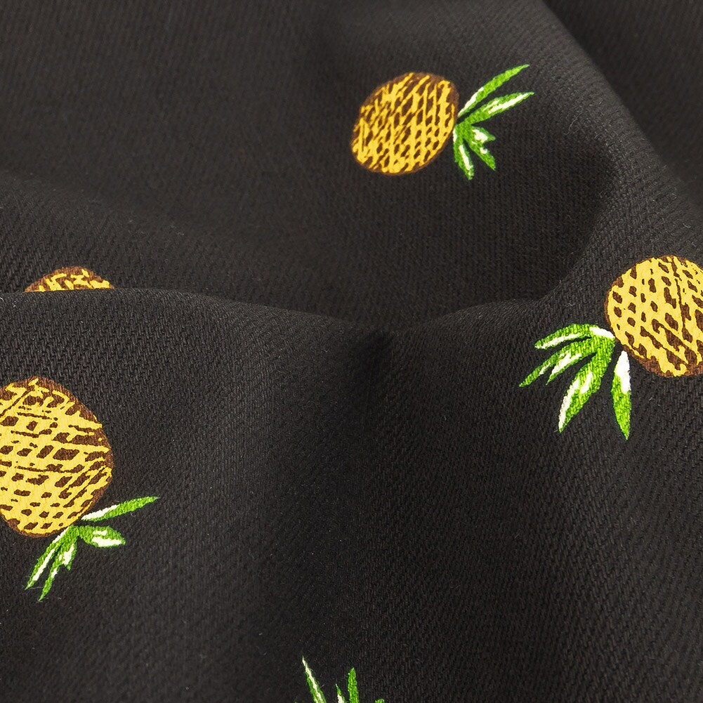 1 Yard Black and Yellow Pinapples Printed Stretch Cotton Denim 52’’ Width