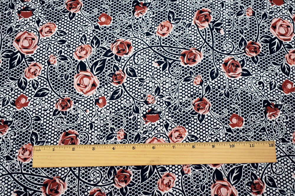 Navy-Peach-Orange Floral Mesh Pattern Printed Linen Woven Fabric By the Yard