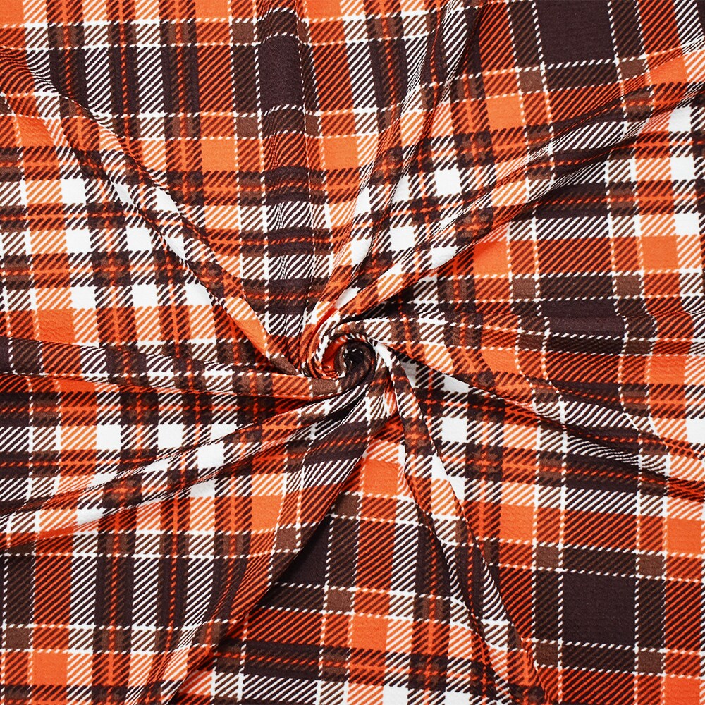 Brown-Orange Poly Plaid Print Stretch Spandex Liverpool Double Knit Fabric By the Yard
