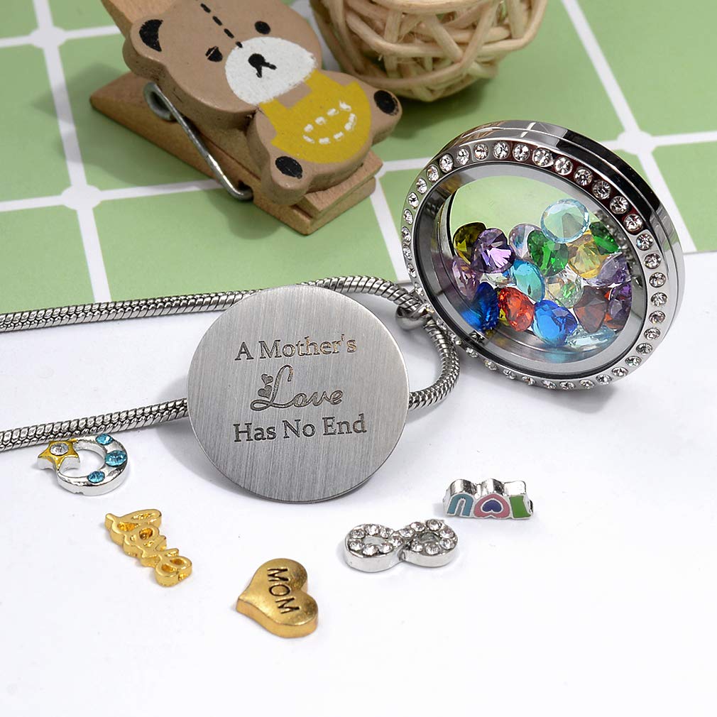 A Mothers Love Has No End Floating Locket Necklace Pendant with Charms & 24PCS Birthstones, Mother's Day Birthday Xmas Gifts