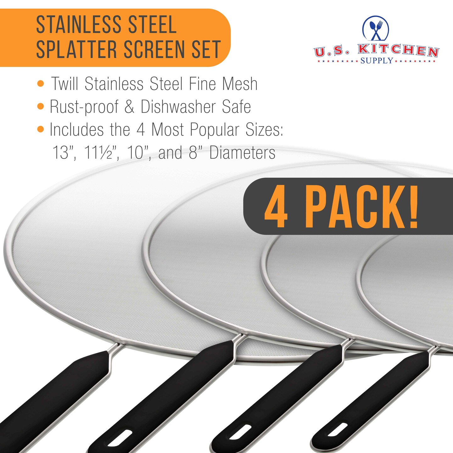 4-Piece Stainless Steel Splatter Guard Set (13&#x22;, 11.5&#x22;, 10&#x22;,8&#x201D;) Fine Mesh Cover, Grease &#x26; Oil, Splatter Screen for Frying Pan, Cooking Pots, with Comfort Grip Handles