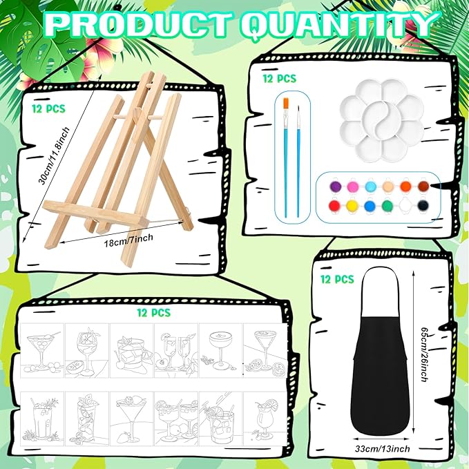 12-Set Cocktail Sip and Paint Kit for Adults - 8x10" Pre-Drawn Canvas Painting Party Kit - Includes Wooden Easels, Acrylic Paints, Brushes & Aprons - DIY Bar Art Craft Set