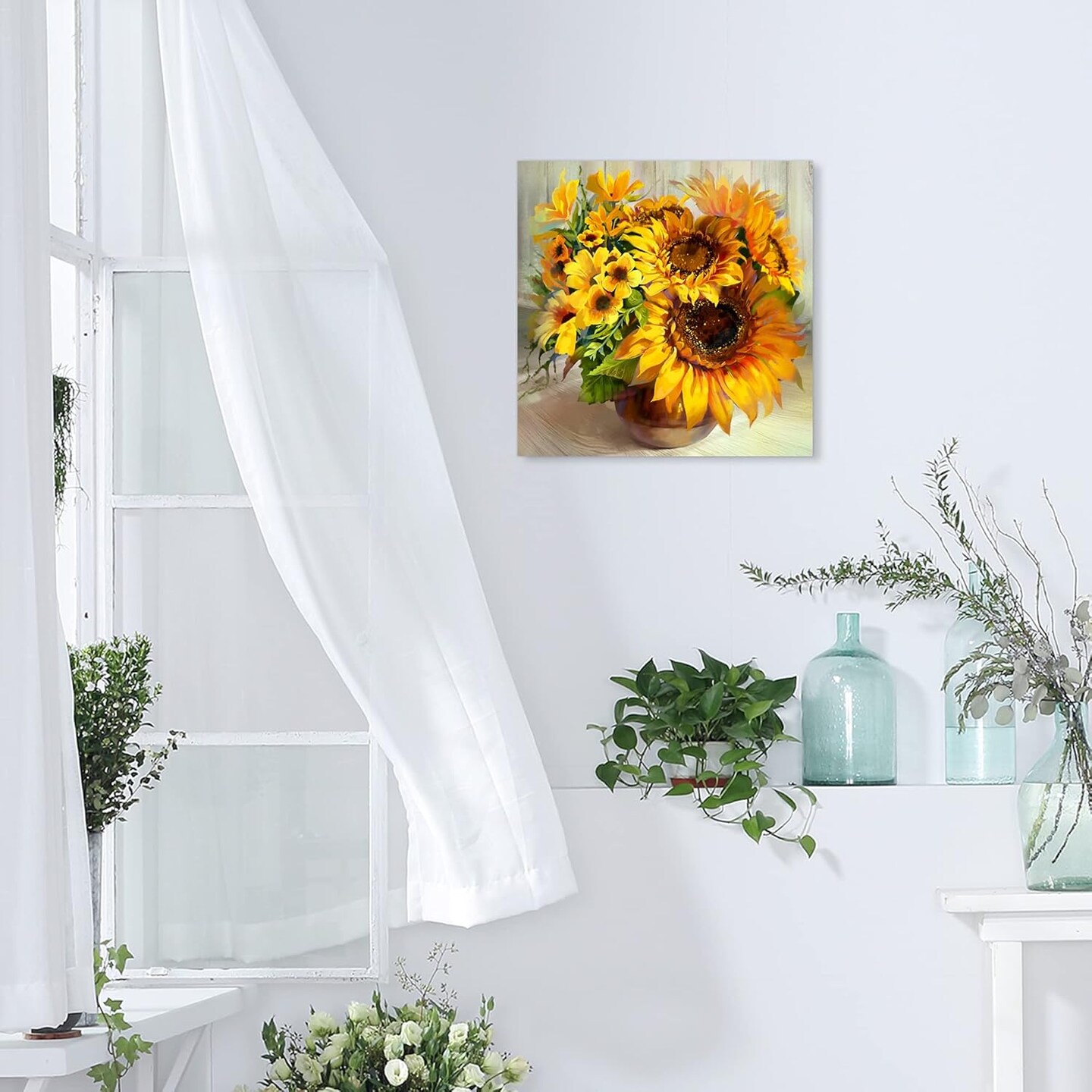 Fall Sunshine Sunflower Bathroom Decor Wall Art Farmhouse Kitchen Paintings for Wall Decorations Countryside Vintage Framed Canvas Artwork Printing Ready to Hang for Living Room Bedroom