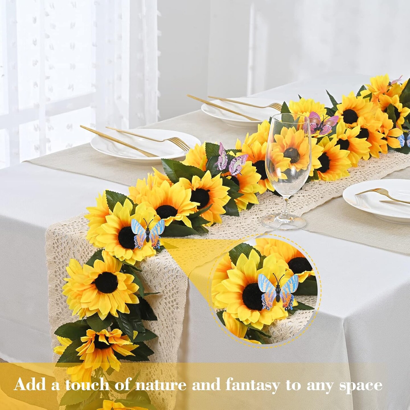 2 Pack Summer Artificial Sunflower Garlands &#x2013; Bright Yellow Floral Vines with Butterflies &#x26; Green Leaves for Summer Wedding, Party, and Outdoor Decor