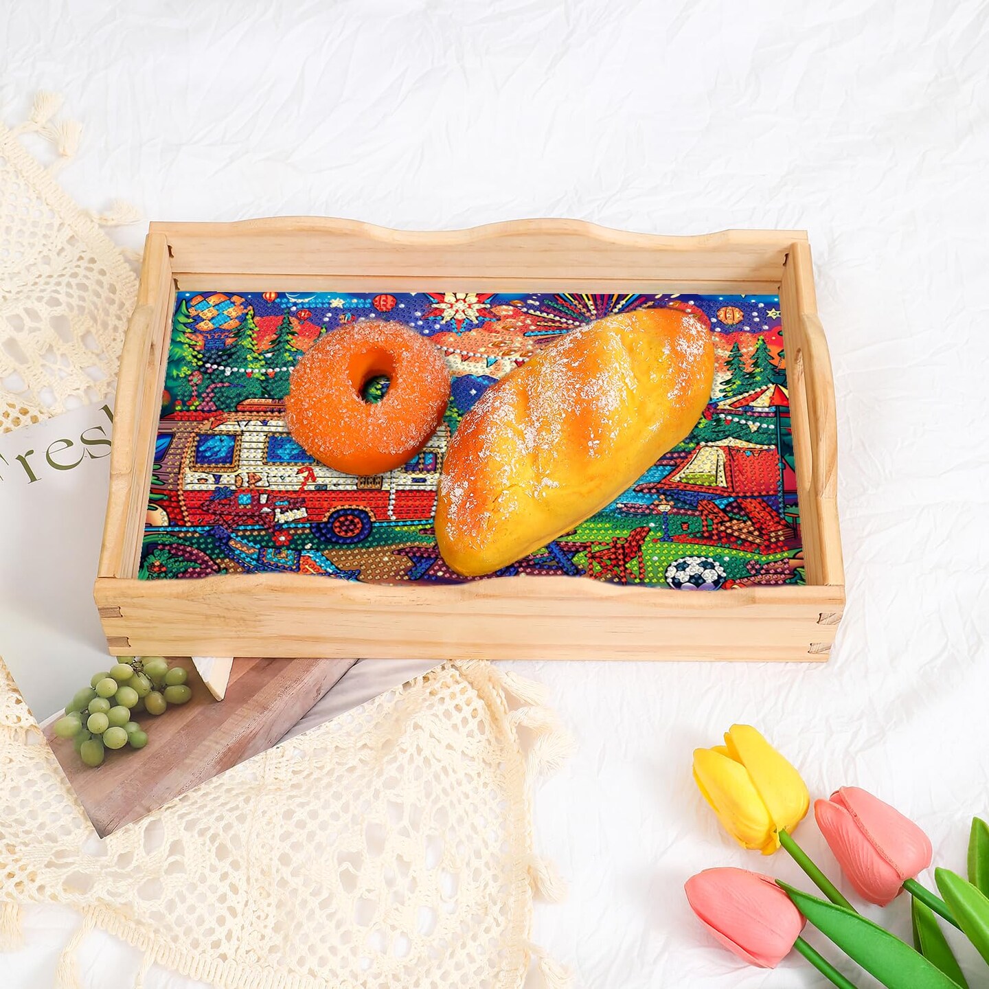 5D Diamond Art Kits for Adults Wooden Serving Tray with Handle Special Diamond Painting Plate Big Gem Dots Paint by Numbers Crafts Kits for Living Room Carnival 7.8x11.8 Inches