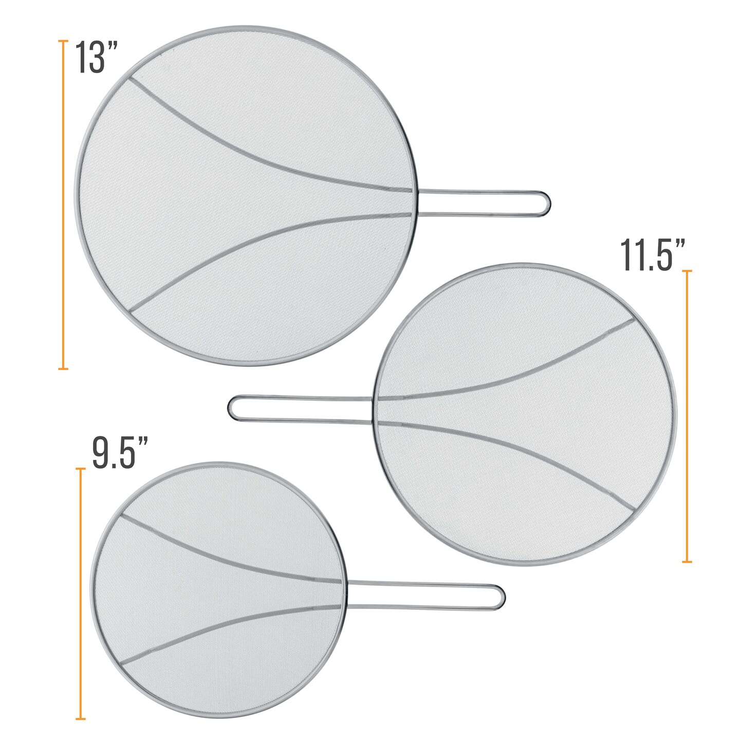 U.S. Kitchen Supply&#xAE; 13&#x22;, 11.5&#x22;, 9.5&#x22; Stainless Steel Fine Mesh Splatter Screen with Resting Feet Set - For Boiling Pots, Frying Pans - Grease Oil Guard, Safe Cooking Lid