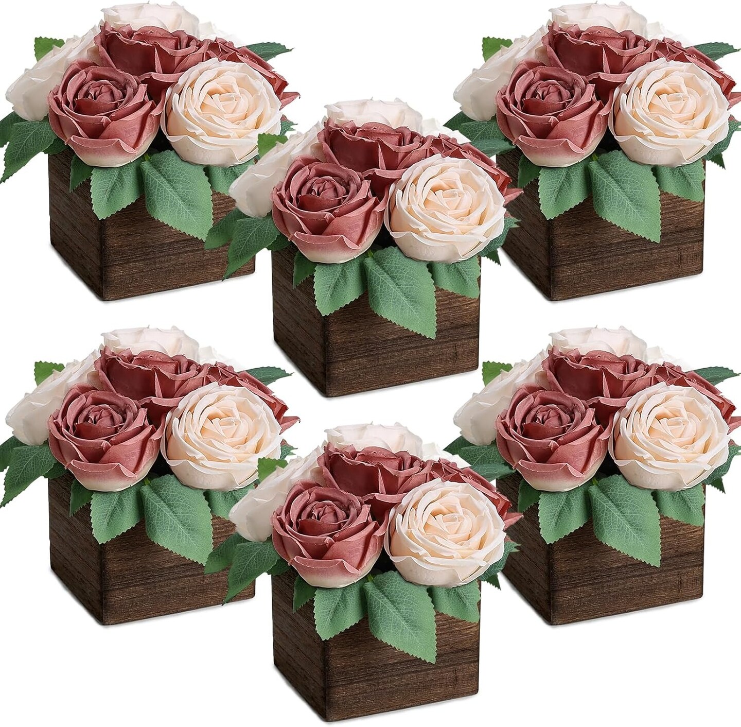 Set of 6 Artificial Rose Table Centerpieces with Wooden Vase Faux Floral Arrangement for Wedding and Home Decor