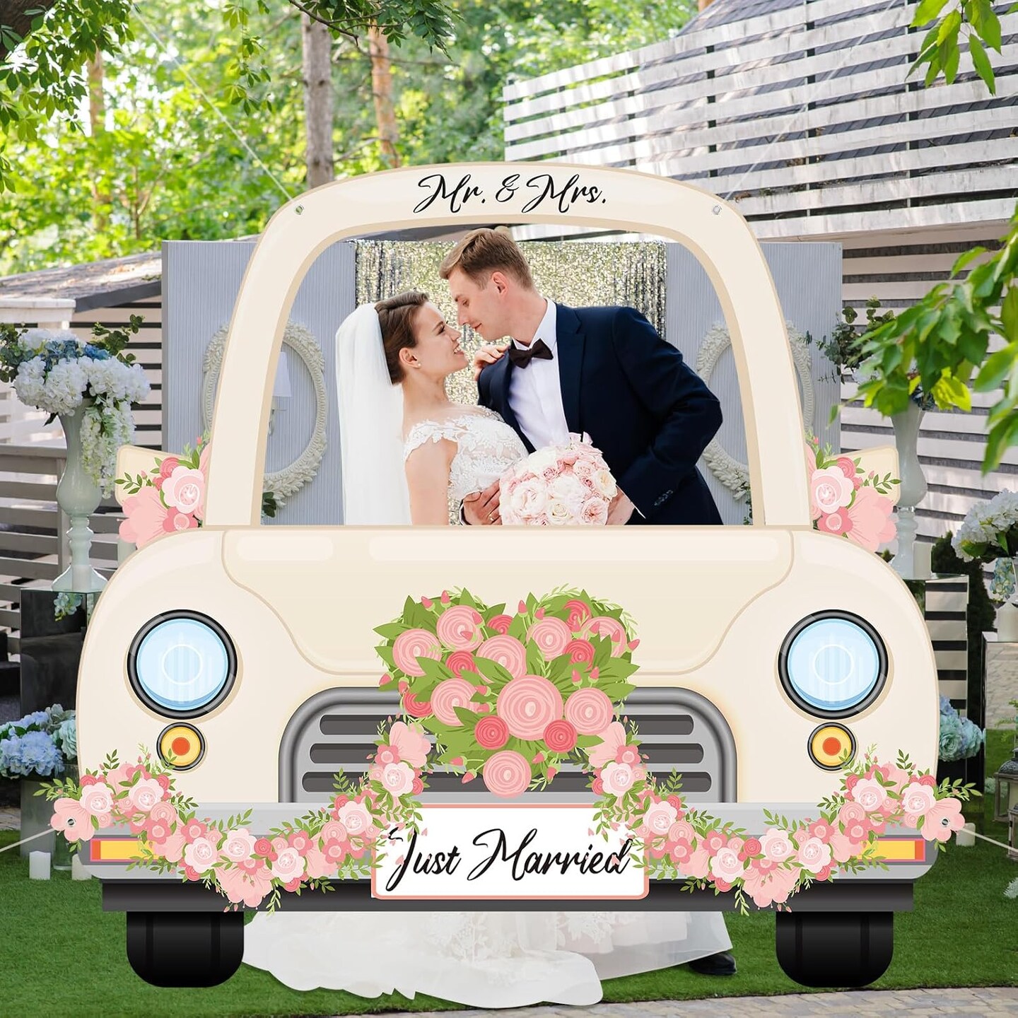 61.8 x 70.9 Inch Wedding Car Photo Booth Frame Large Wedding Photo Booth Prop Engagement Party Decorations for Newlyweds Selfie Props for Anniversary Party Supplies