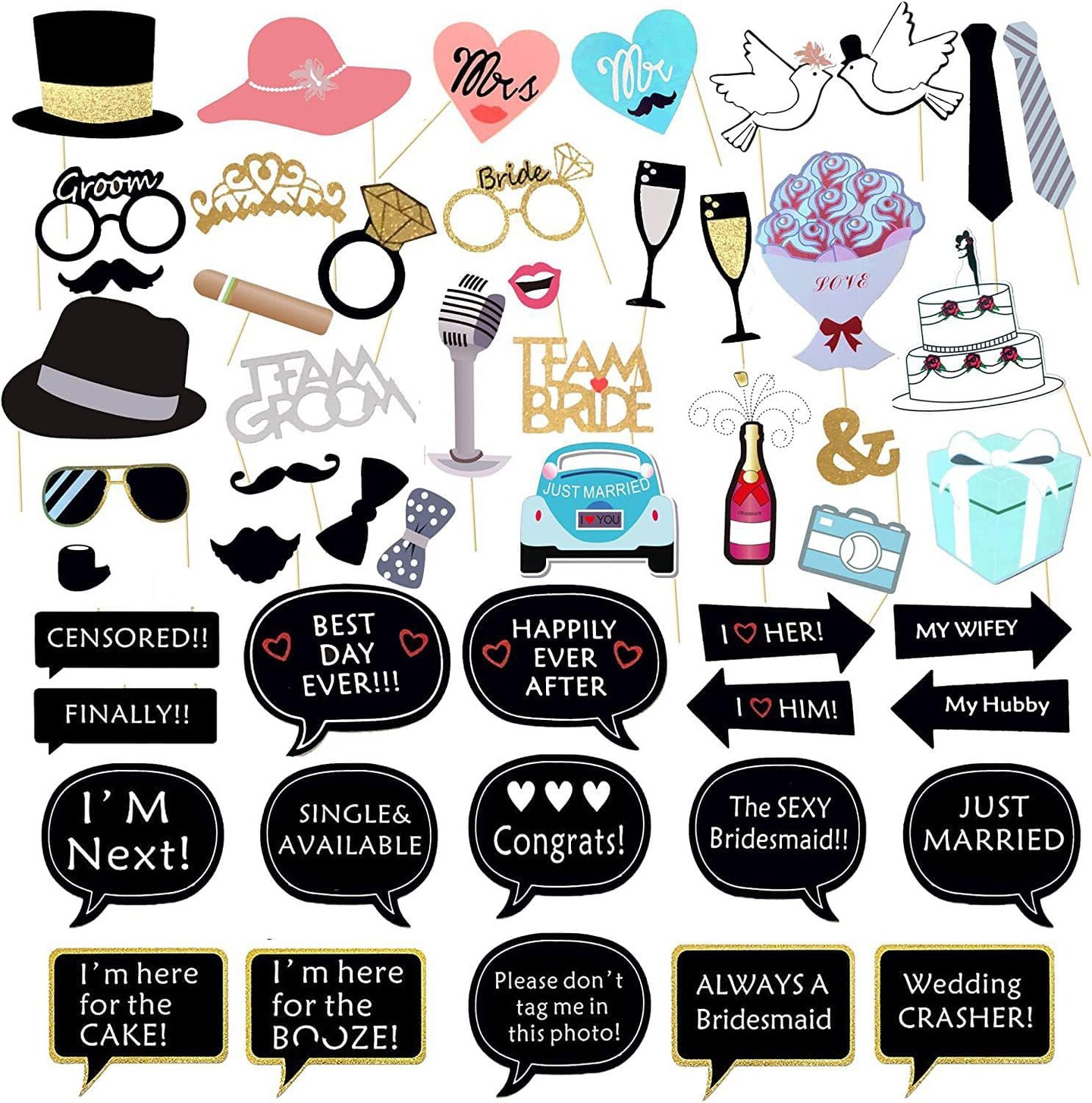 52Pcs Wedding Photo Booth Props - Gold Dust & Cute Props for Wedding Party Supplies