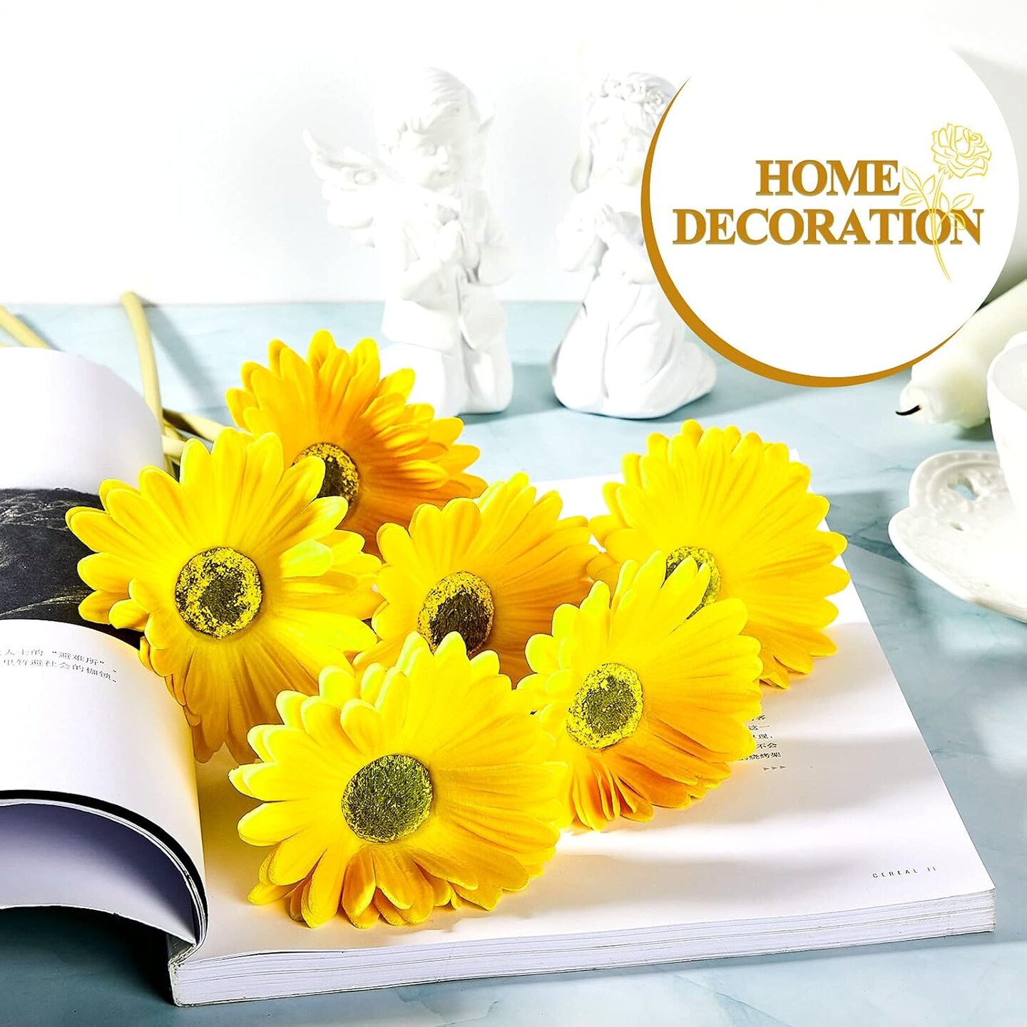 18 Pieces Summer Floral Arrangement &#x2013; Artificial Gerbera Daisies Flowers, Fake Daisy Faux Flowers Bouquet 15 Inch for Home Kitchen Decor (Yellow)