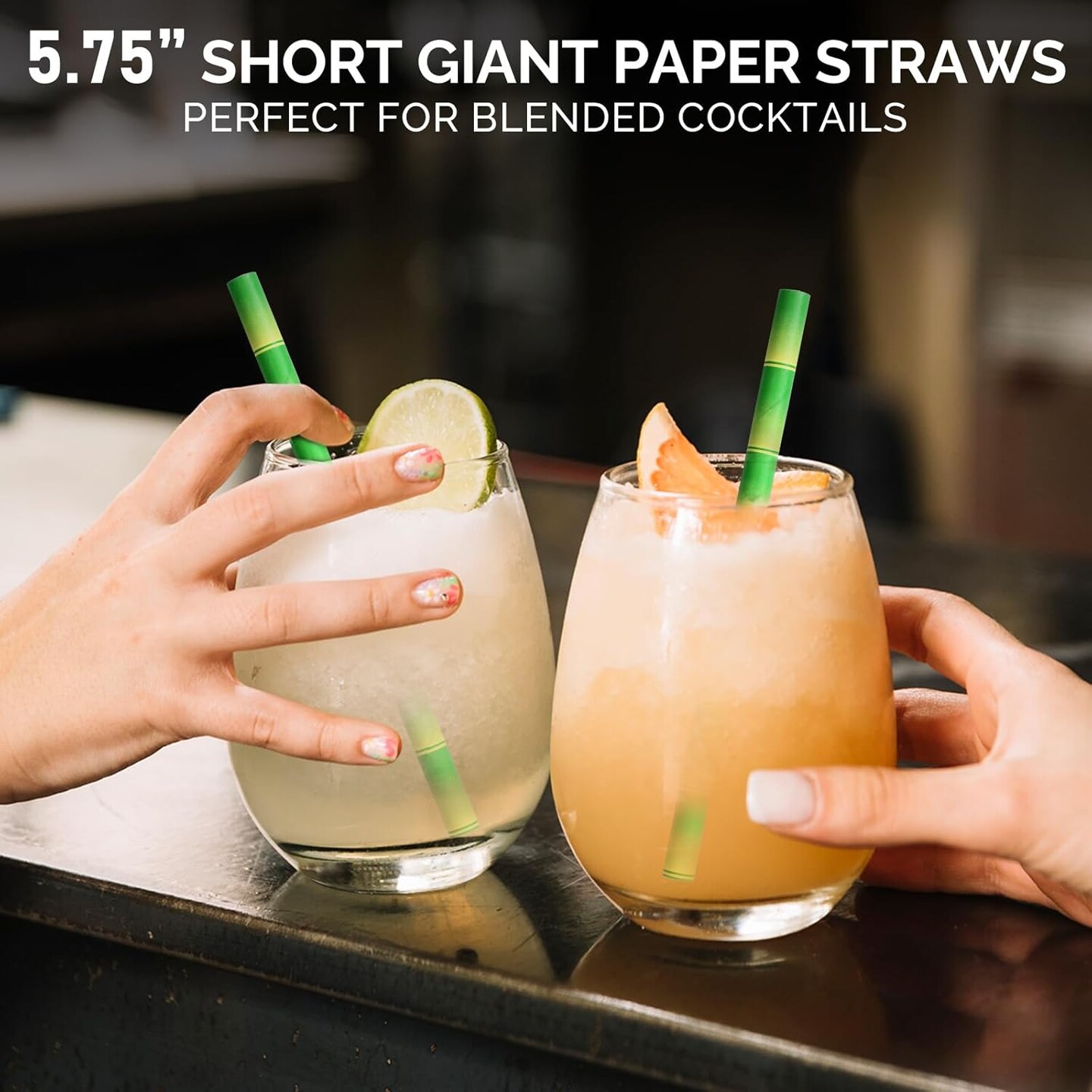 5.75" x 0.31" Green Bamboo Disposable Paper Drinking Straws for Short Drinks, Blended Cocktails, Margaritas, Smoothies, Milkshakes - Unwrapped