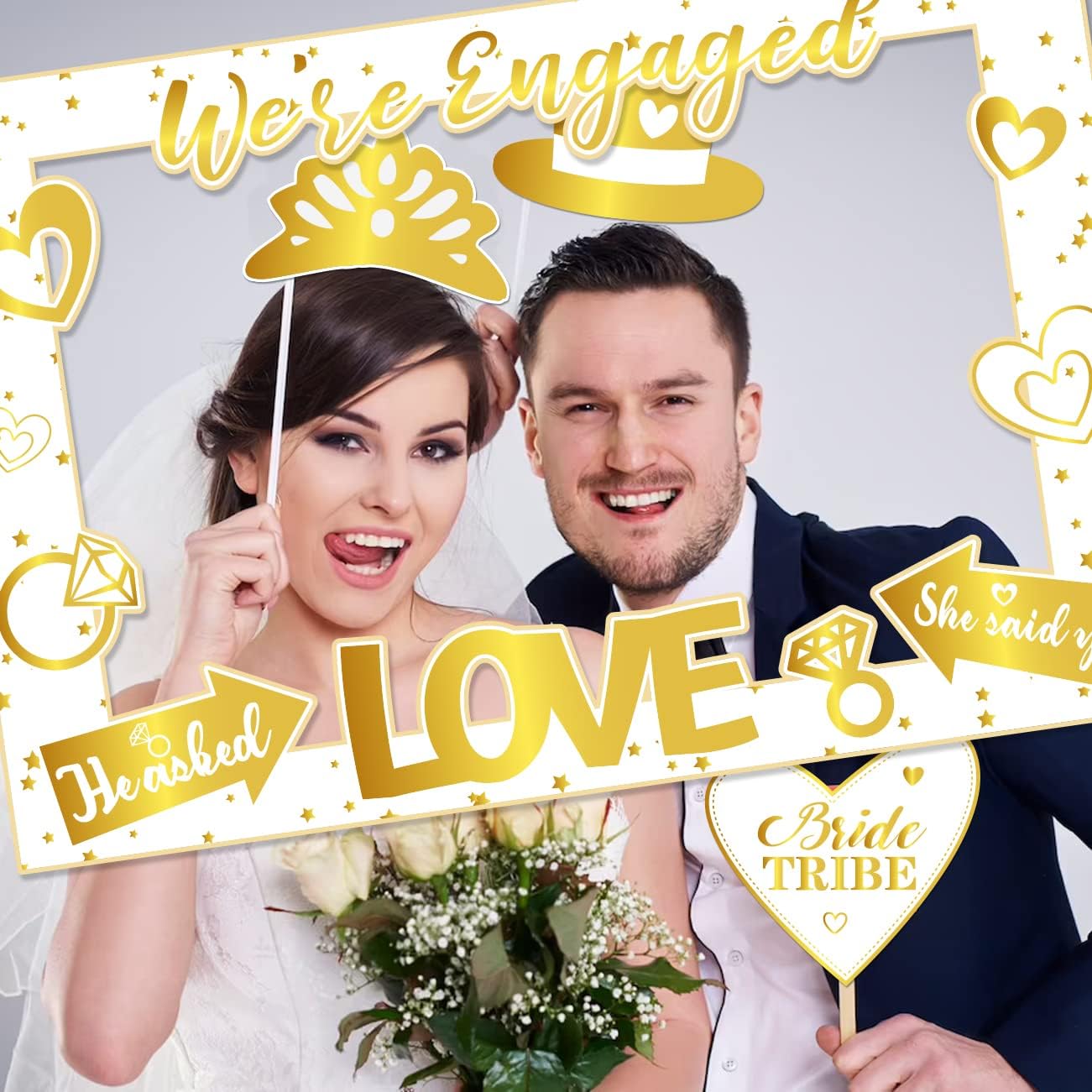 Engagement Party Decorations - Gold Engagement Photo Booth Props &#x26; Frames - &#x27;She Said Yes&#x27; Decorations for Wedding Party Supplies