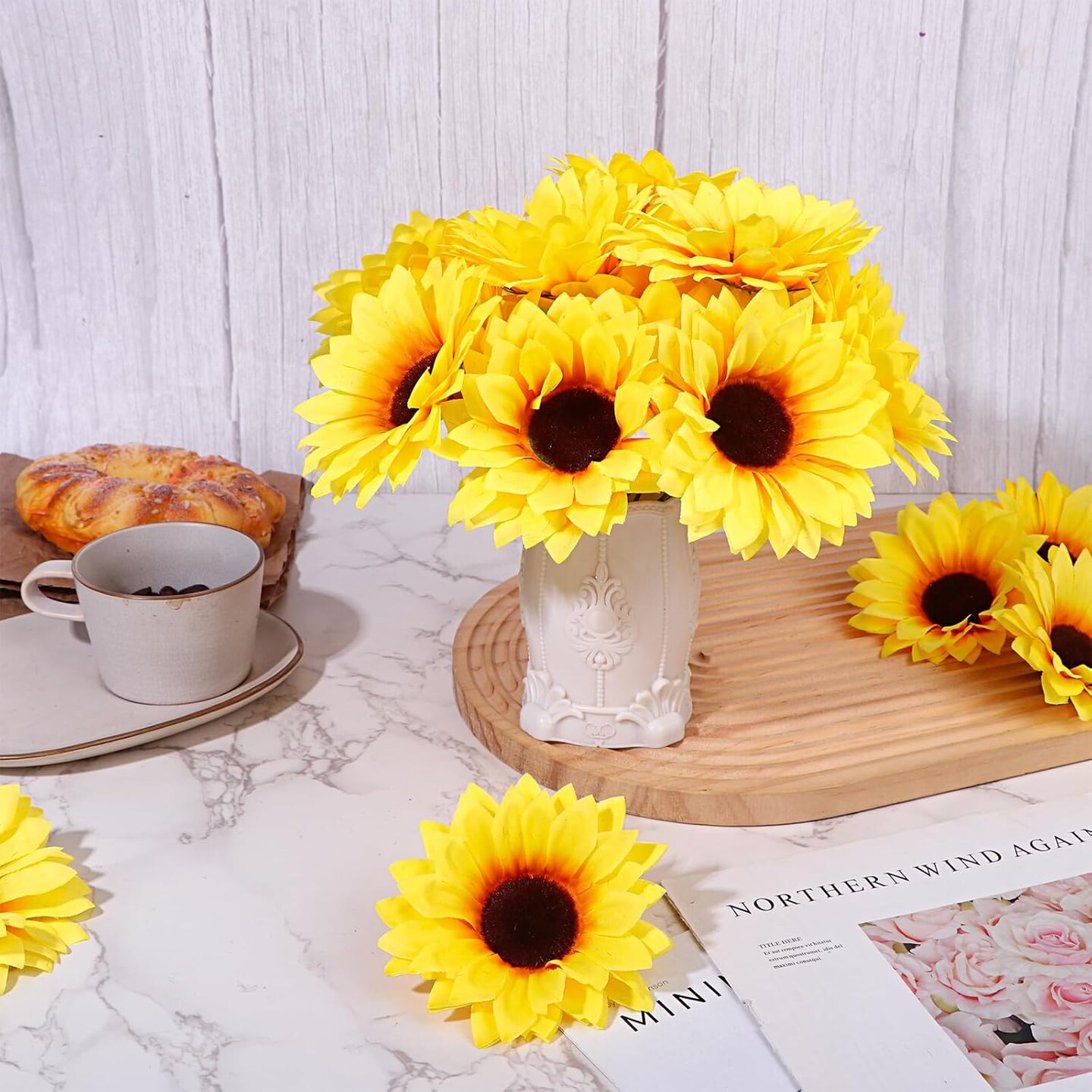 80 Pcs Summer Sunflowers &#x2013; 4.1&#x22; Yellow Artificial Flower Heads with Stems for DIY Projects &#x26; Seasonal Home Decor Floral Arrangements