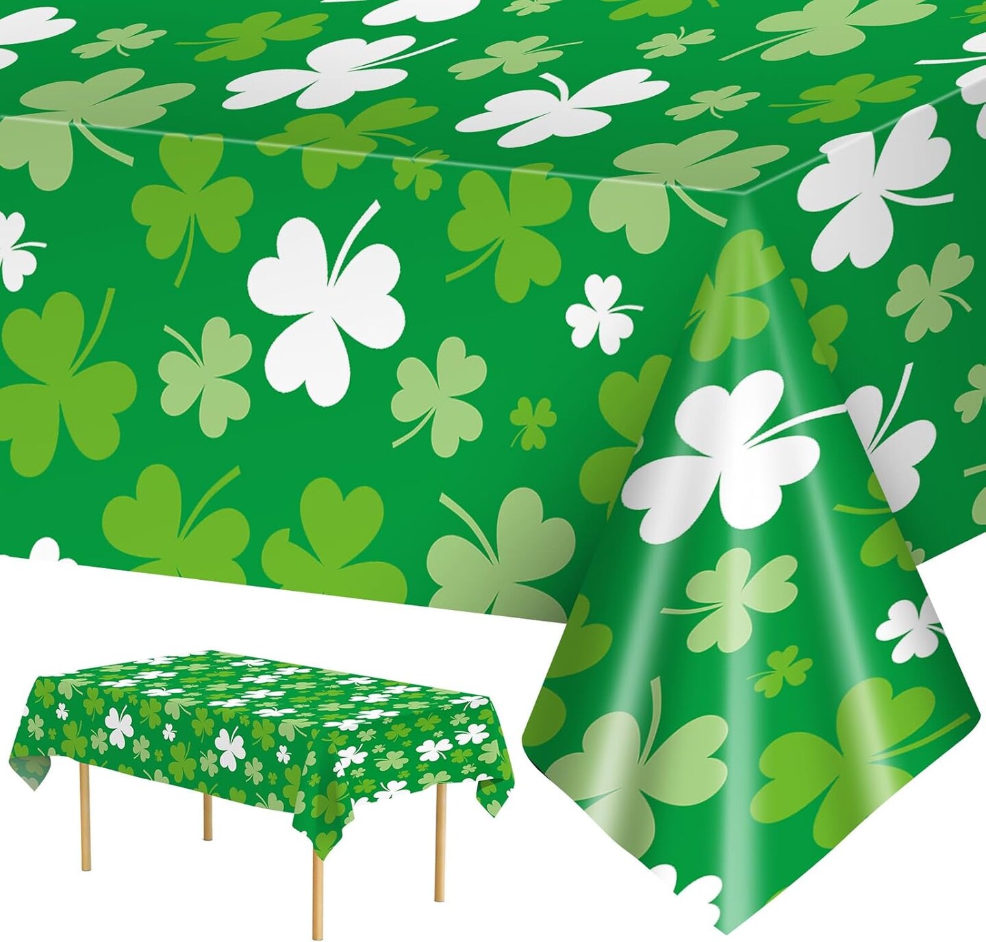 2-Pack St. Patrick’s Day Tablecloths – Green Shamrock Plastic Disposable Table Covers, 54 x 108 Inch – St. Patricks Party Supplies