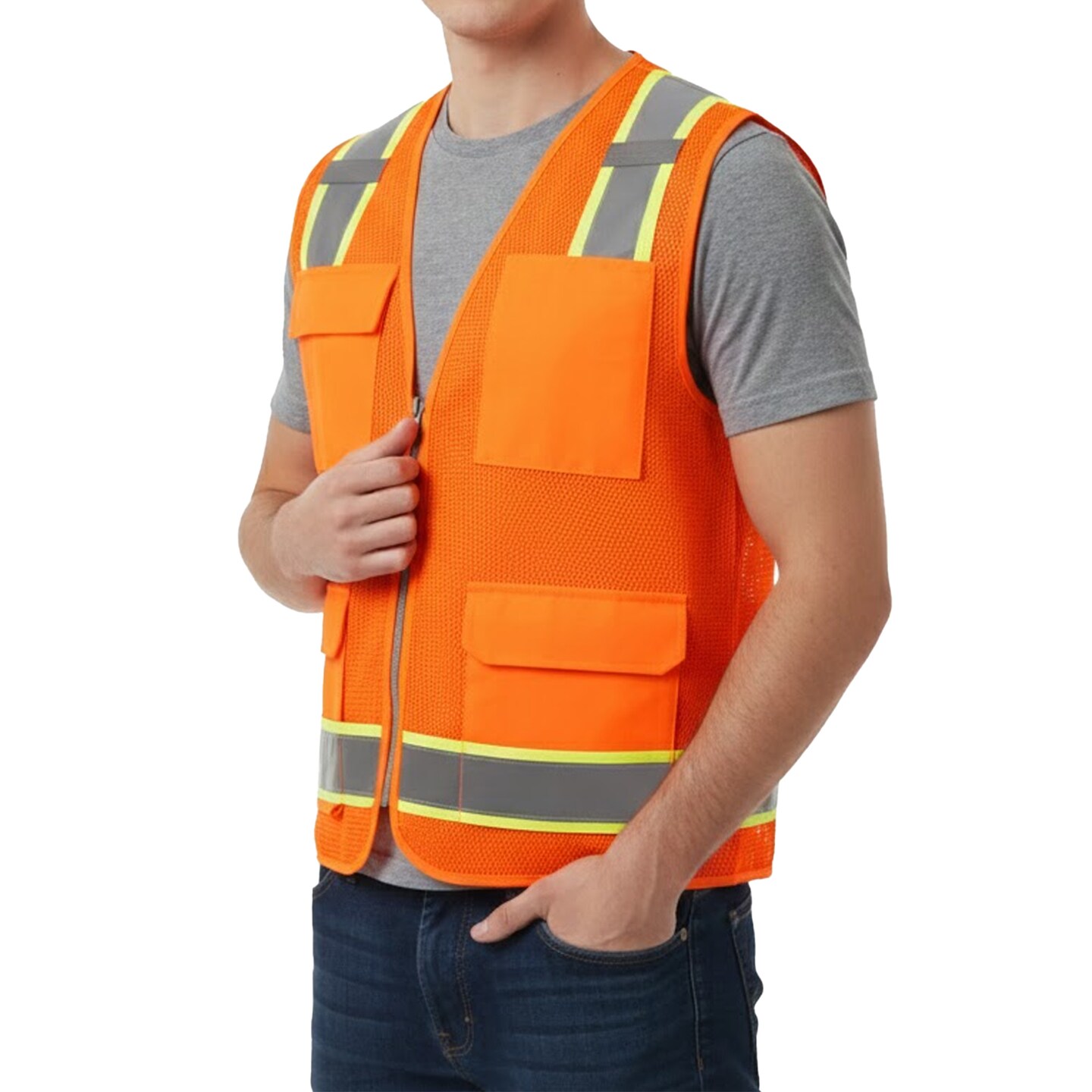 Zfeel Hi-Vis Reflective Safety Vest – Mesh, Multi-Pocket, Zip Front, Neon Orange/Yellow ZF304