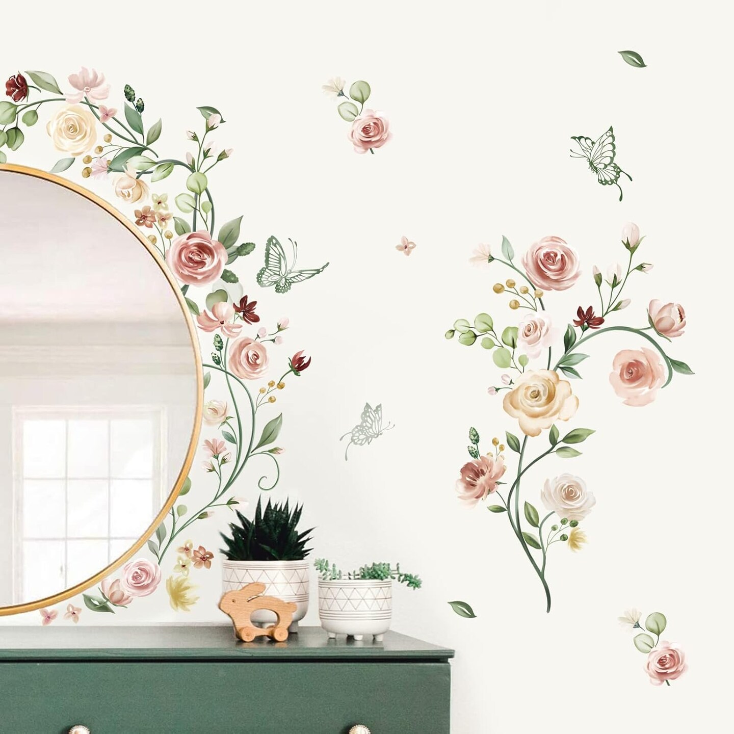 Rose Vine Flower Wall Stickers Watercolor Garden Floral Peel and Stick Wall Art Decals(Floral)